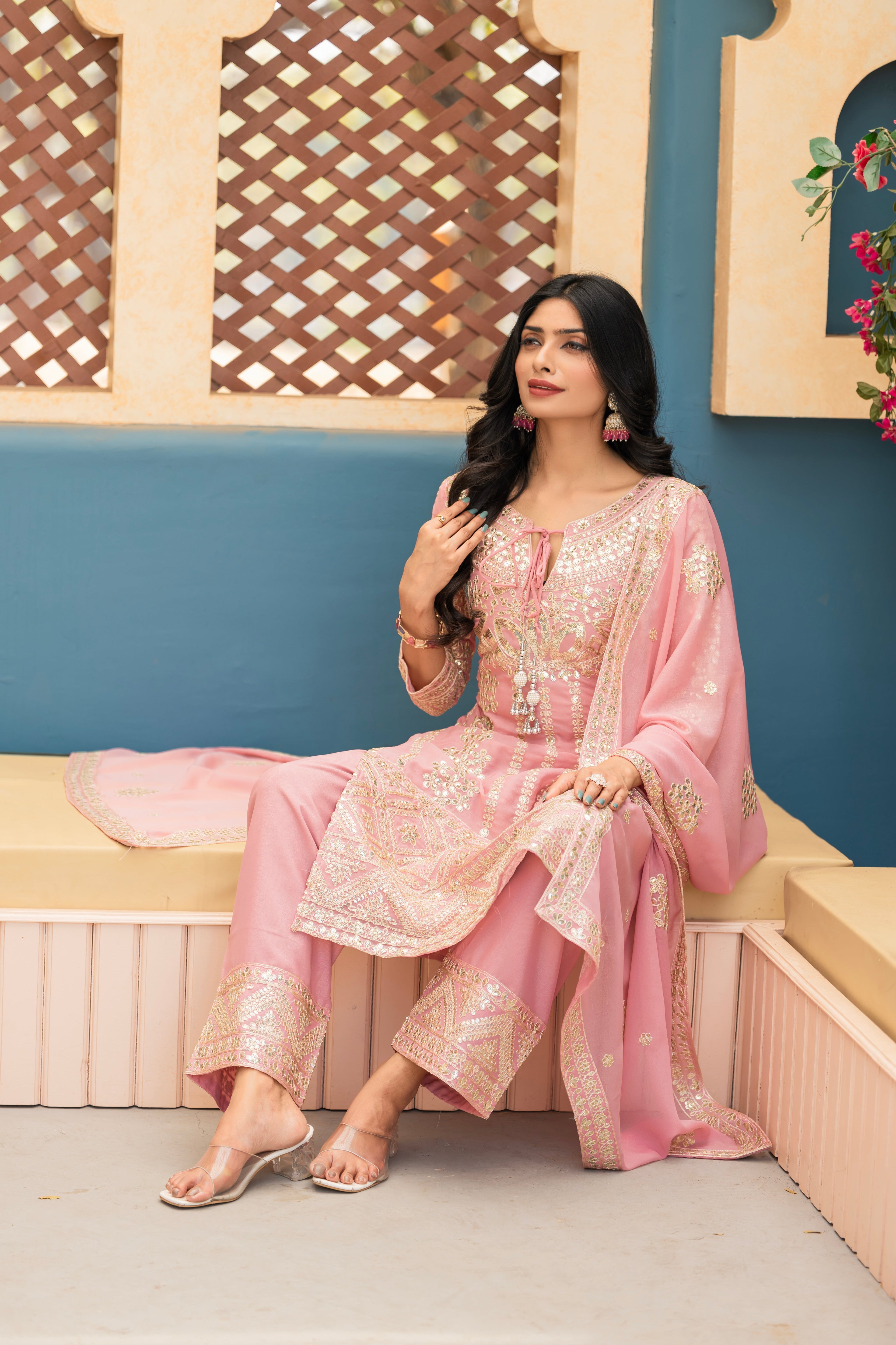 Beautiful Fancy Top Plazzo And Dupatta With Embroidery Work
