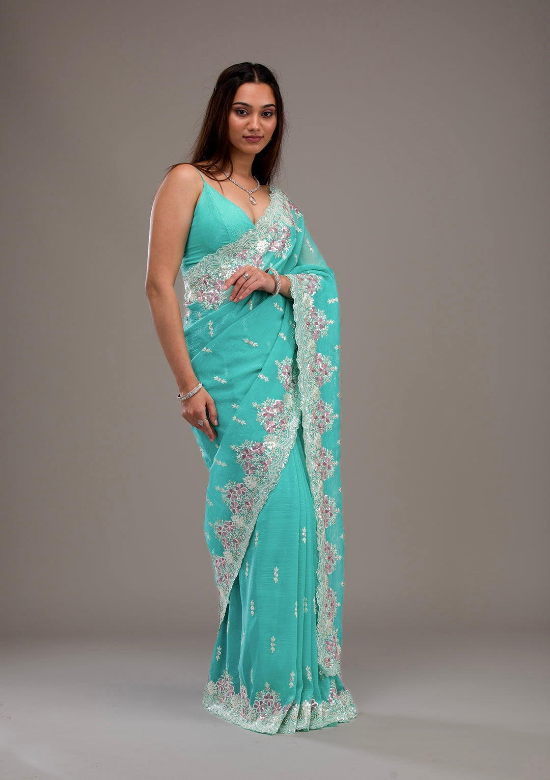 Designer Saree With Embroidery Threads & Sequins Work