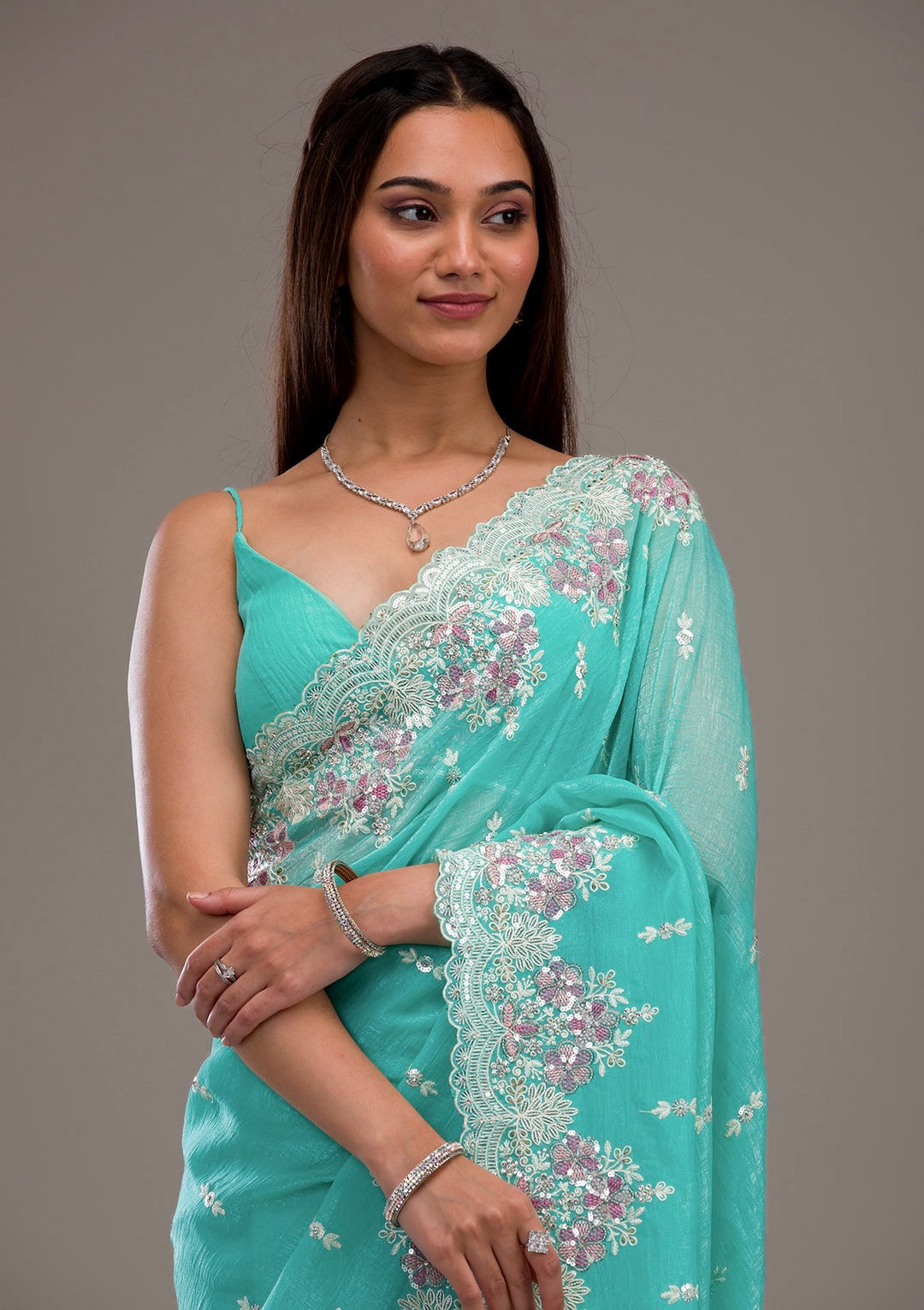 Designer Saree With Embroidery Threads & Sequins Work
