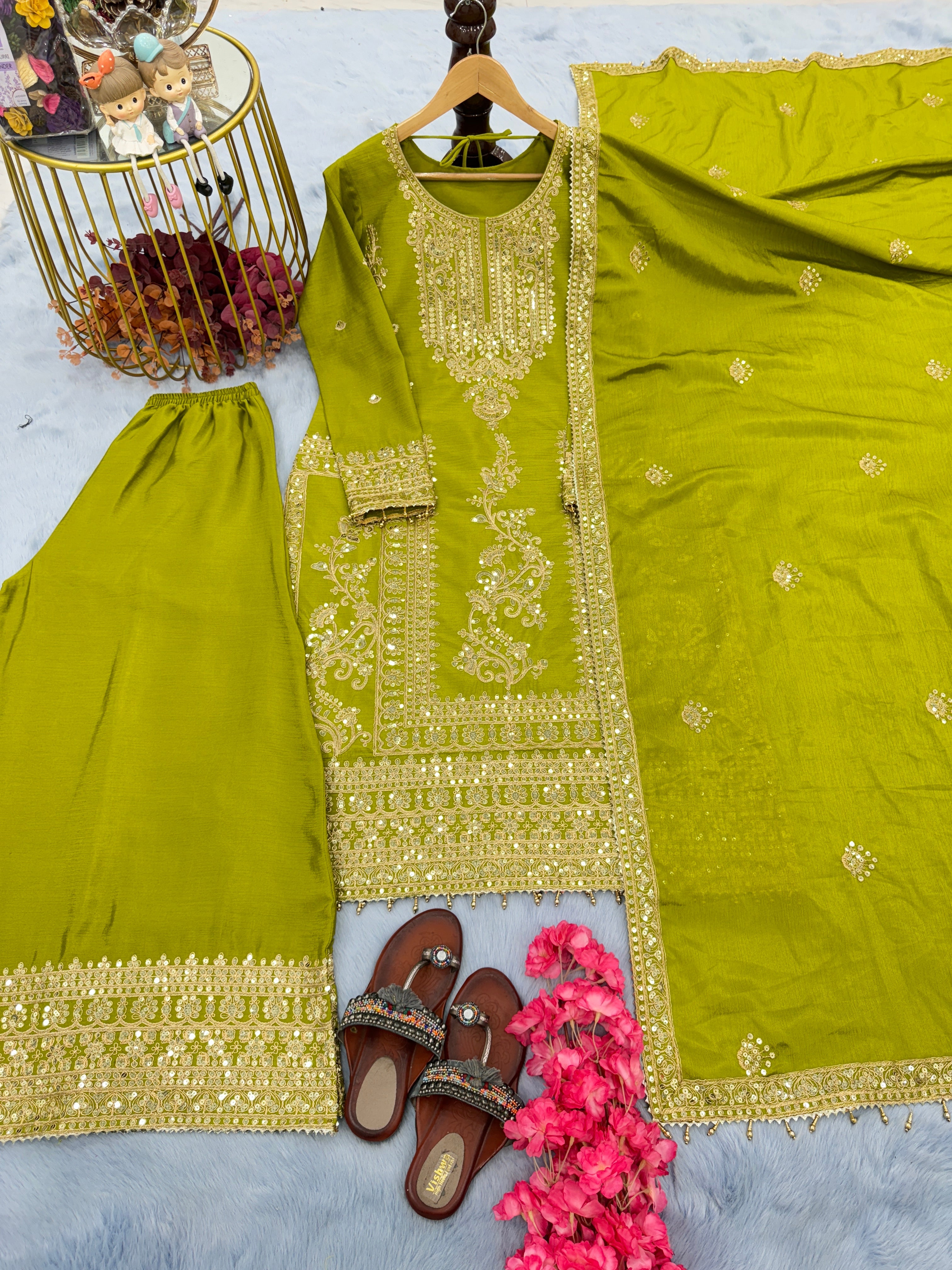 Party Wear Look Pure Silk Top Plazzo & Dupatta Set