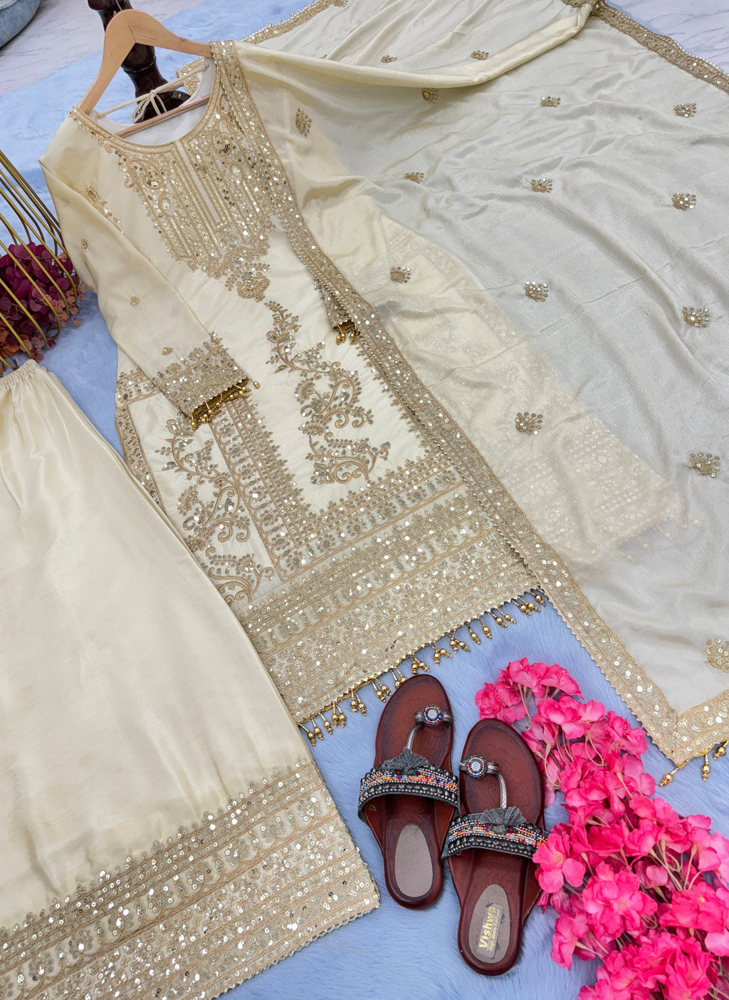 Party Wear Look Pure Silk Top Plazzo & Dupatta Set