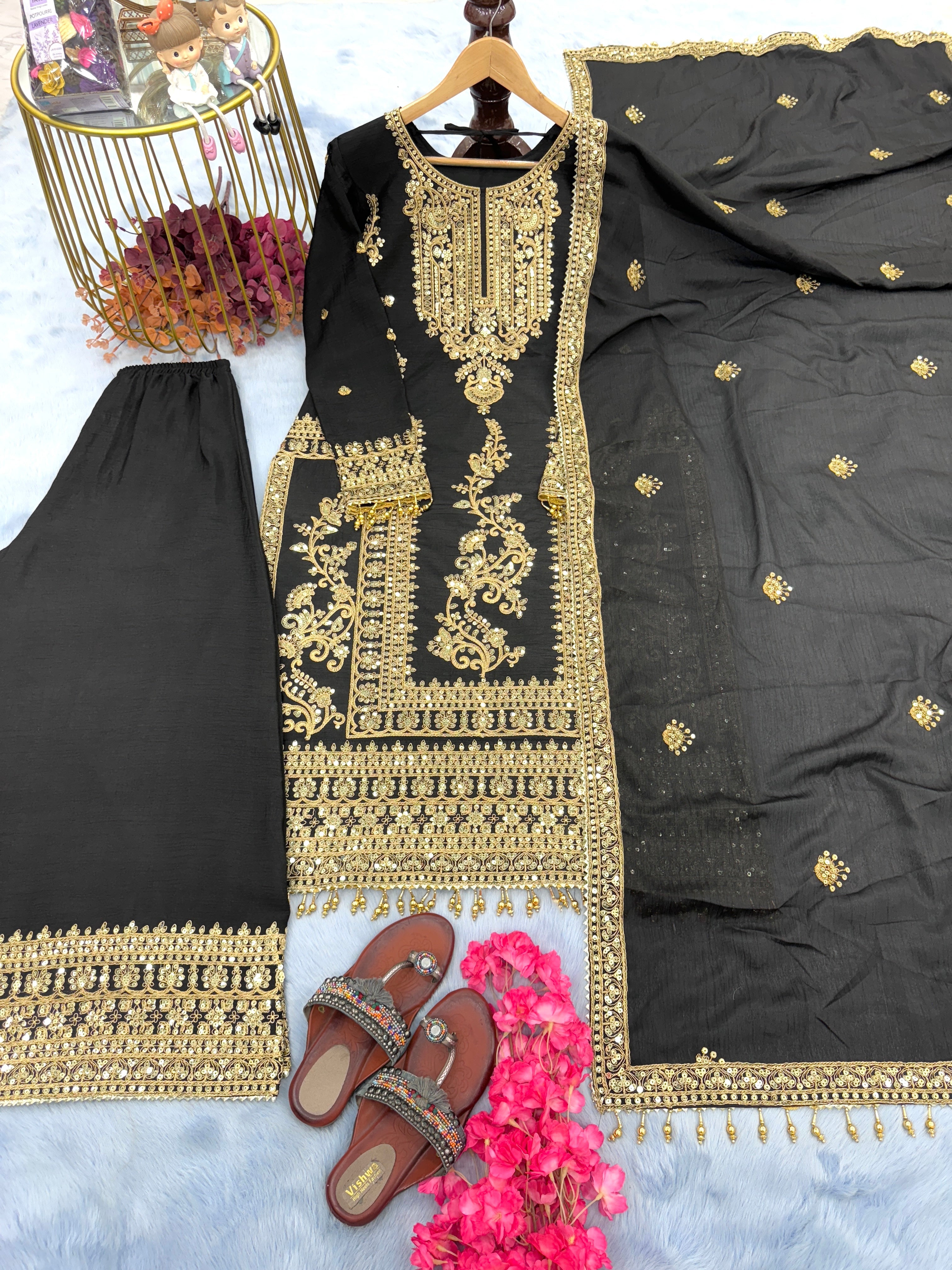 Party Wear Look Pure Silk Top Plazzo & Dupatta Set