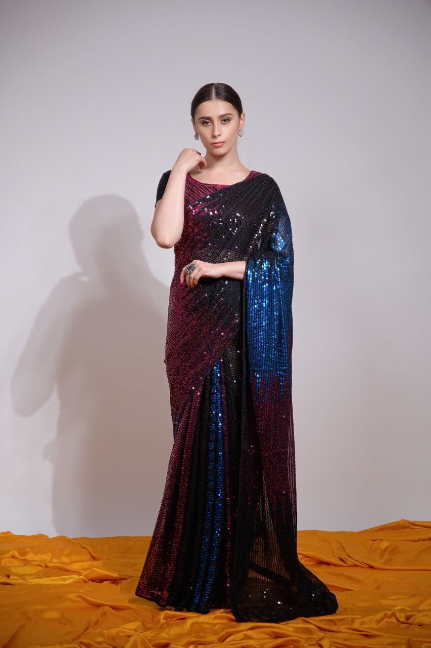 Designer Saree With Multicolored Sequence Embroidery Work
