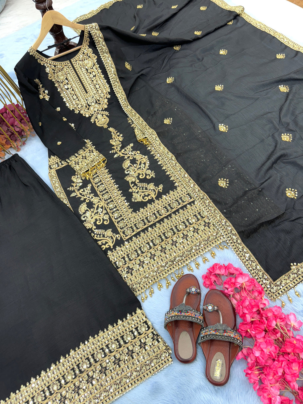 Party Wear Look Pure Silk Top Plazzo & Dupatta Set