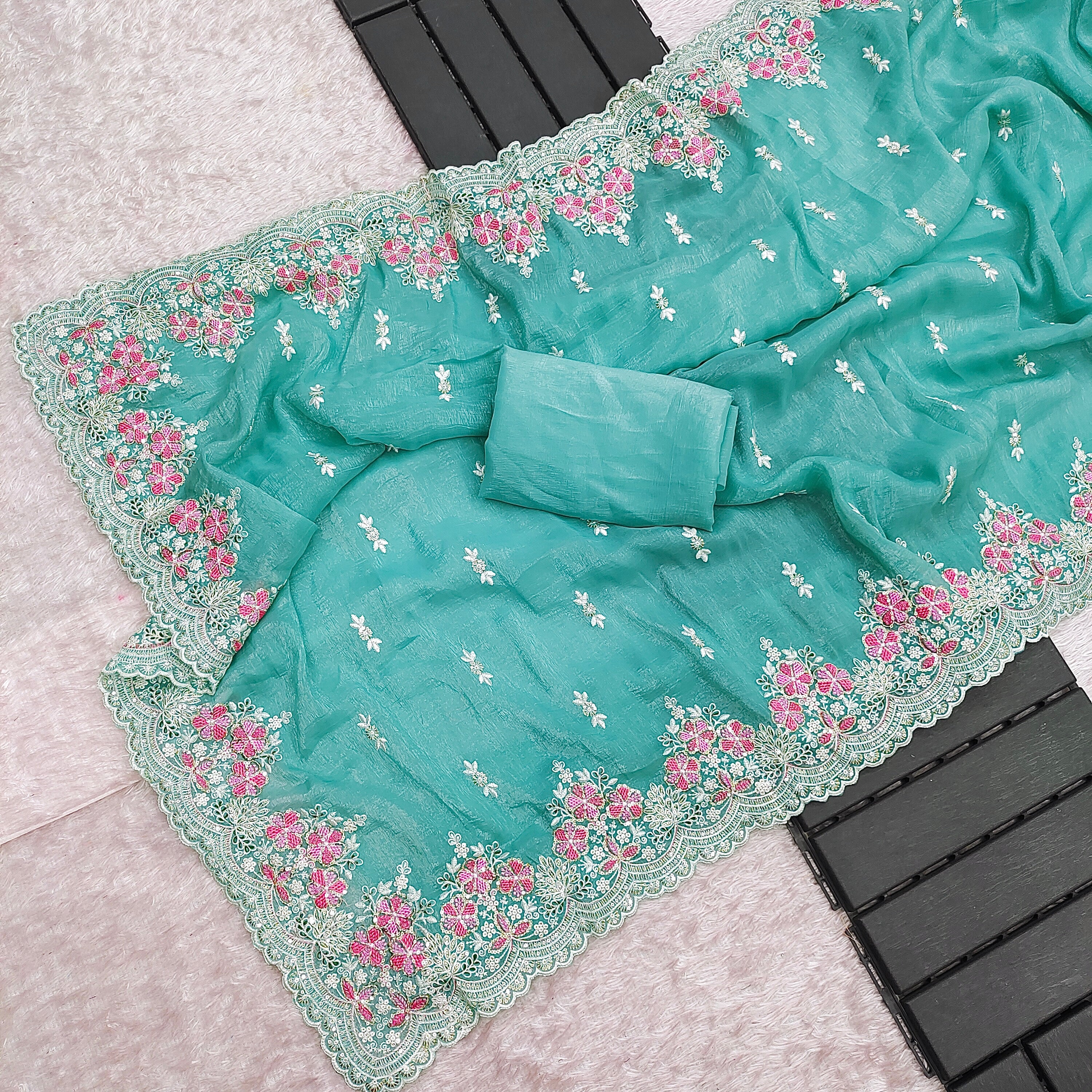 Designer Saree With Embroidery Threads & Sequins Work