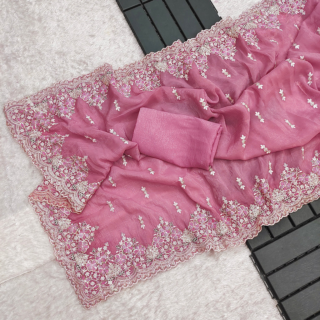 Designer Saree With Embroidery Threads & Sequins Work