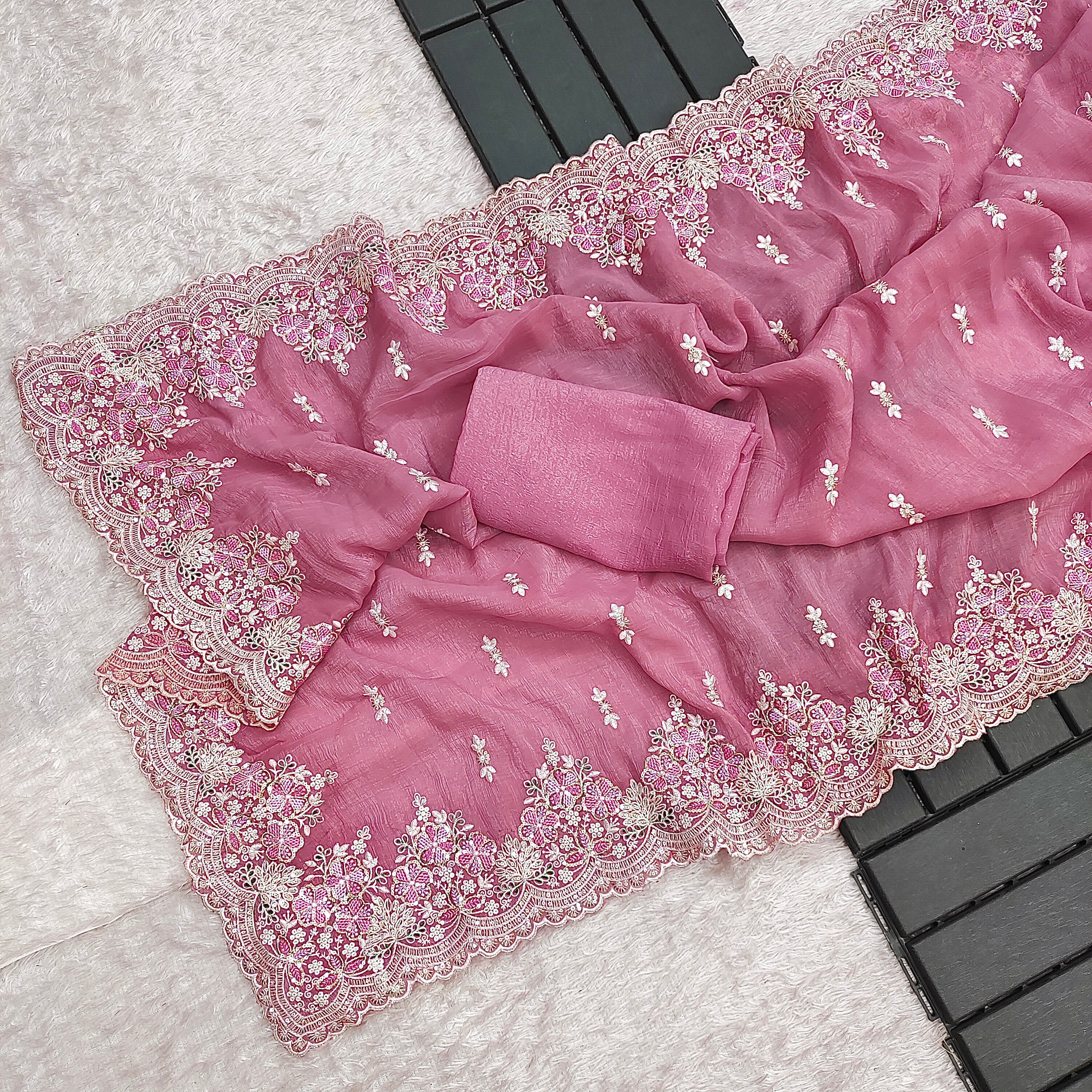 Designer Saree With Embroidery Threads & Sequins Work