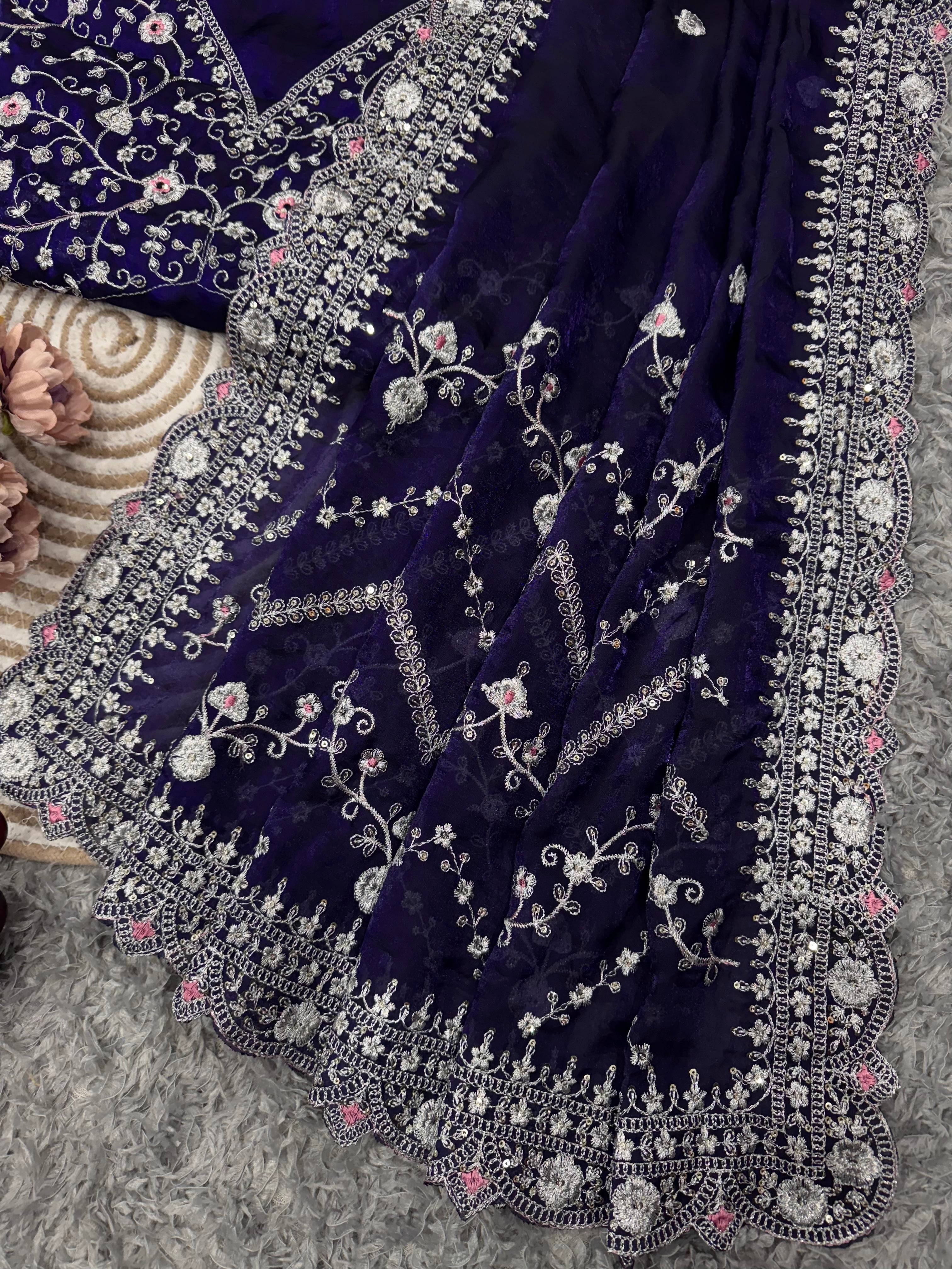 Beautiful Designer Saree With Sequins And Zari Embroidery Work