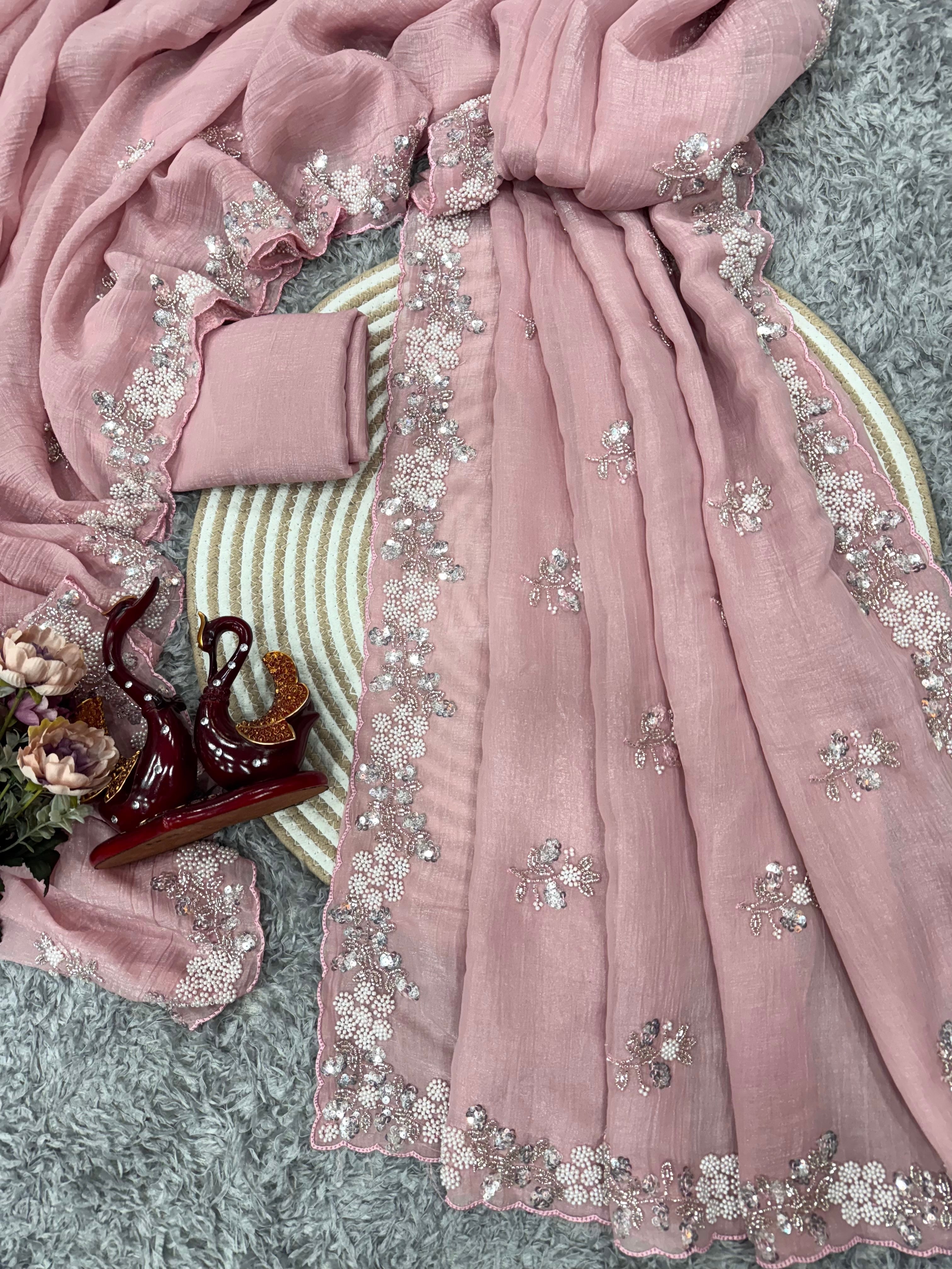 मोती के काम वाली डिजाइनर पार्टी वेयर साड़ी