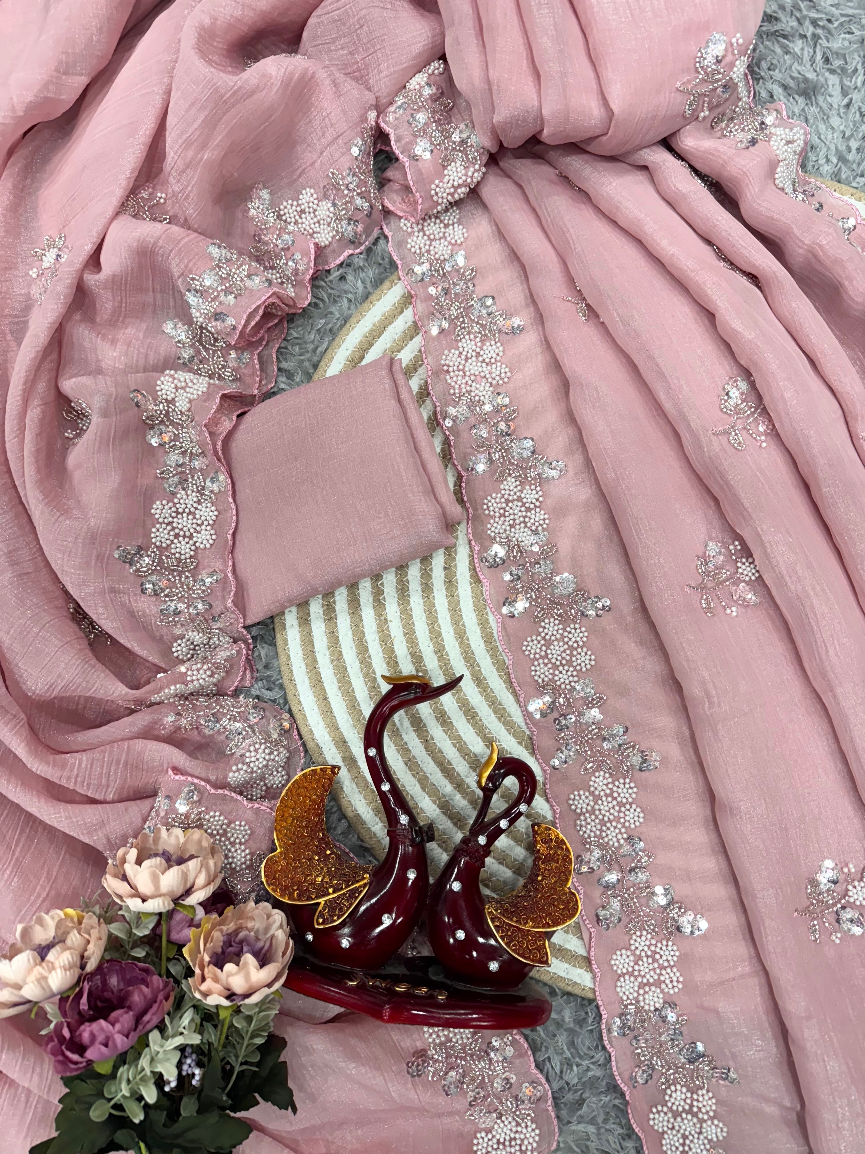 मोती के काम वाली डिजाइनर पार्टी वेयर साड़ी