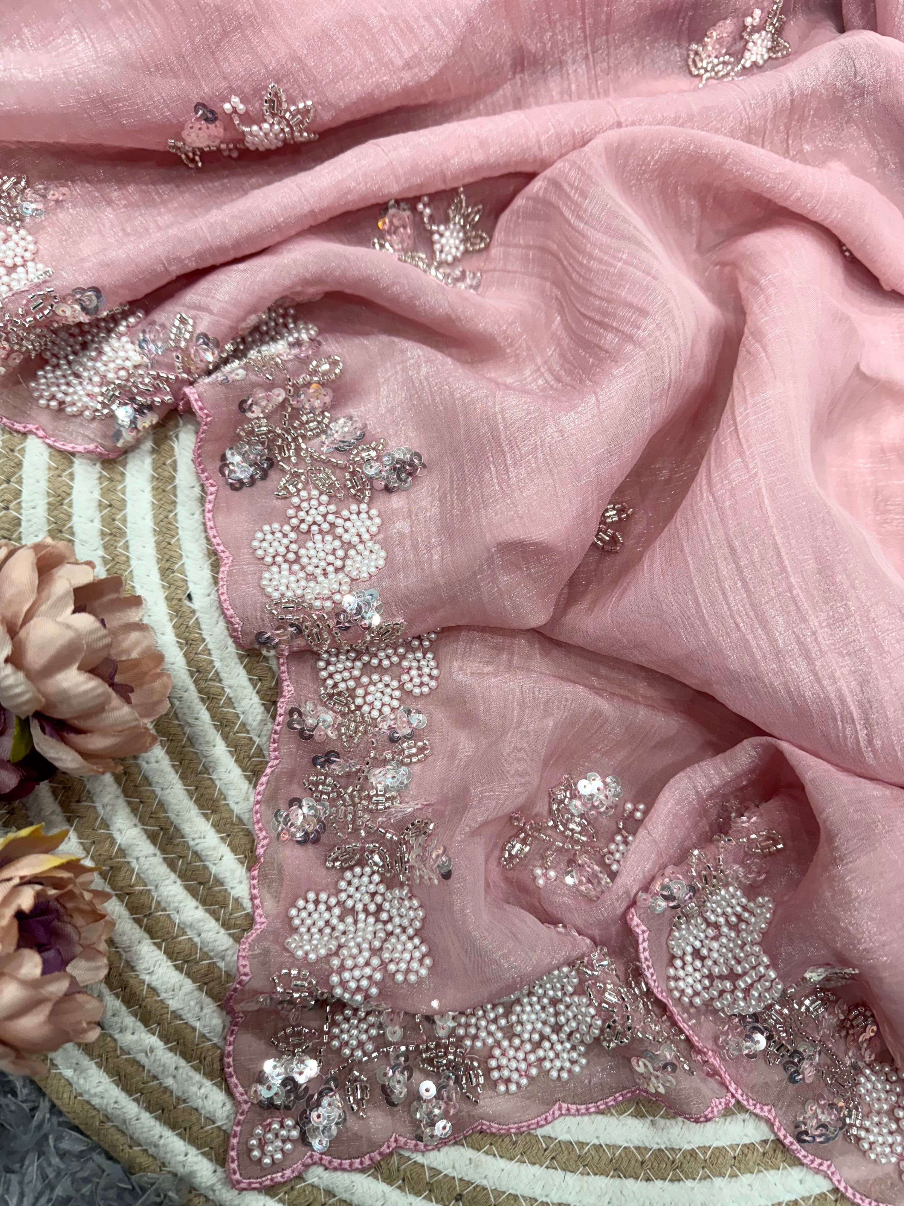 मोती के काम वाली डिजाइनर पार्टी वेयर साड़ी