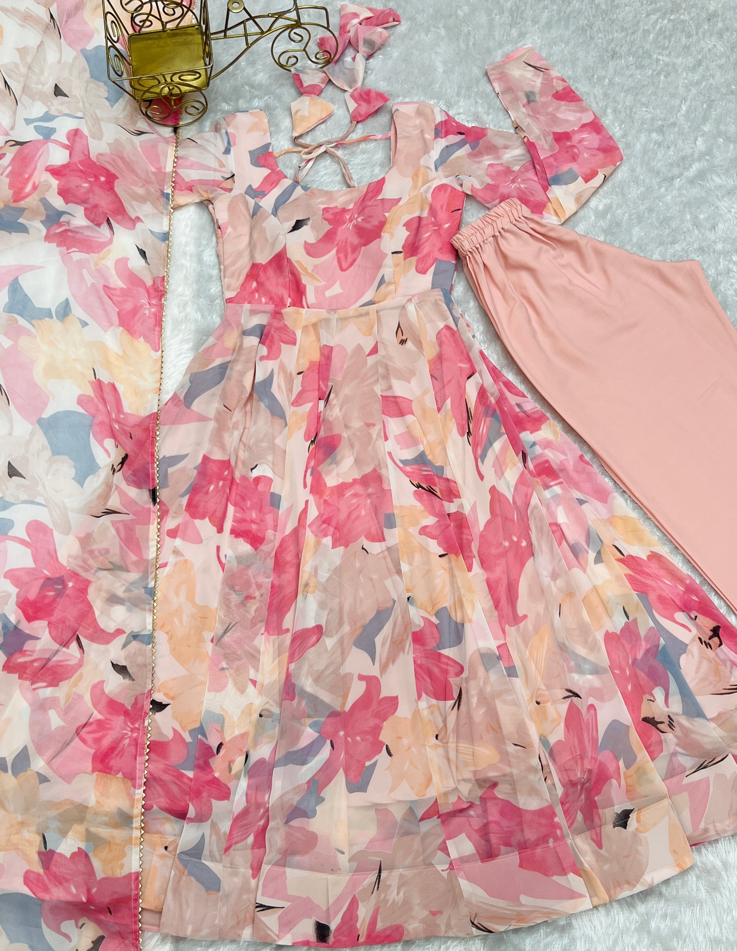 Beautiful Party Wear Anarkali Gown Pent And Dupatta With Floral Print