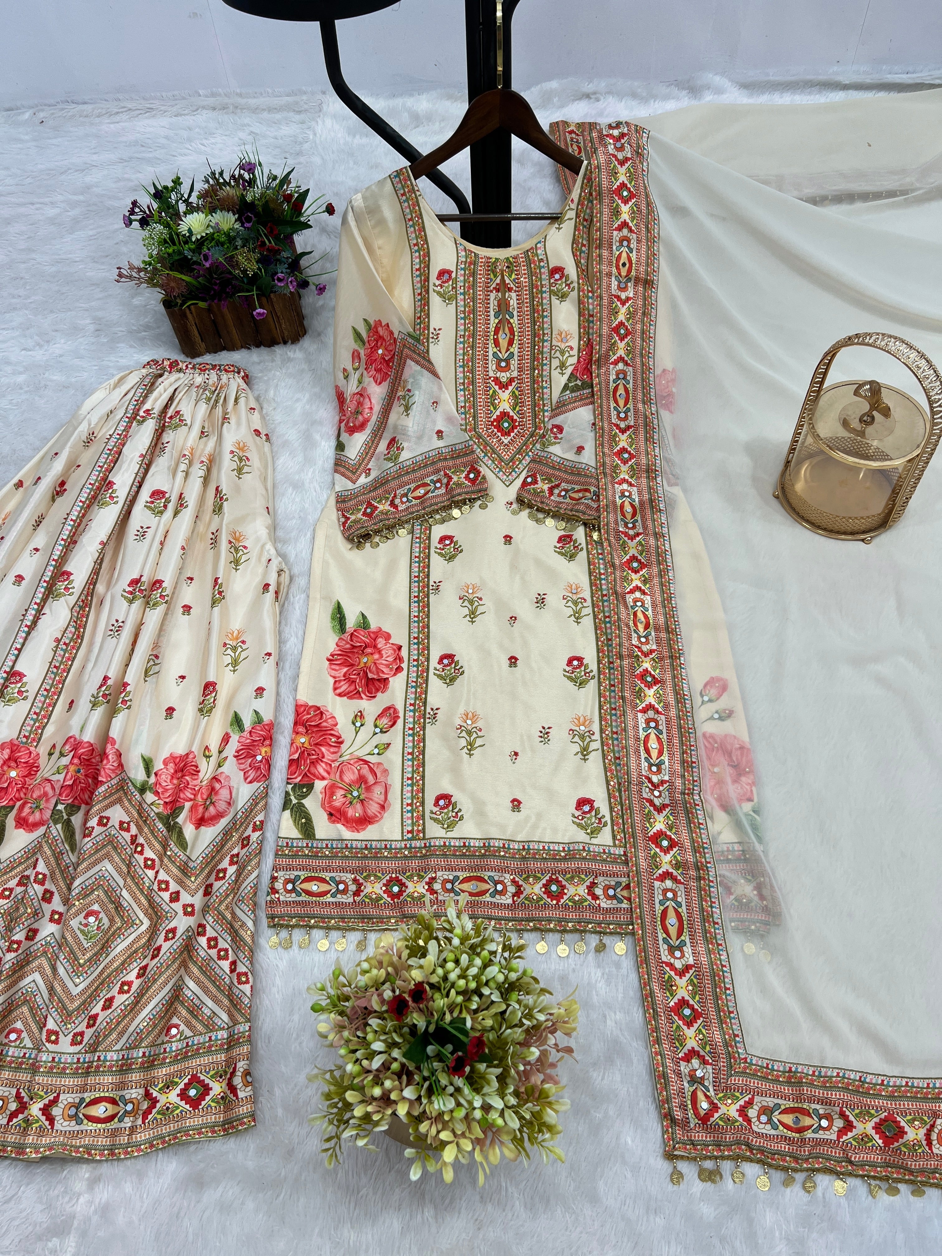 डिजिटल प्रिंट और लटकन लेस वाला टॉप-शरारा और दुपट्टा