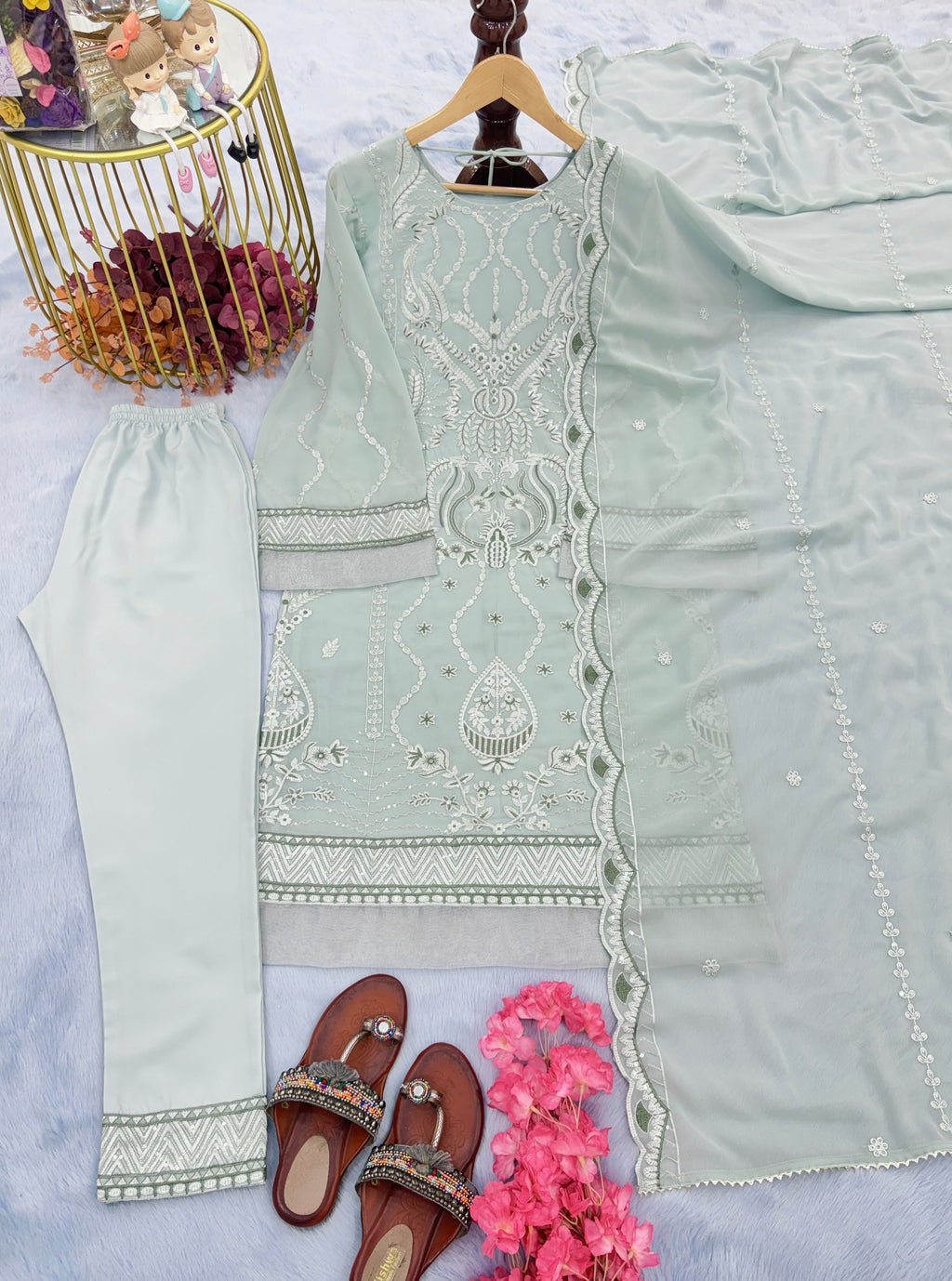 Party Wear Look Heavy Faux Georgette Top Bottom & Dupatta Set