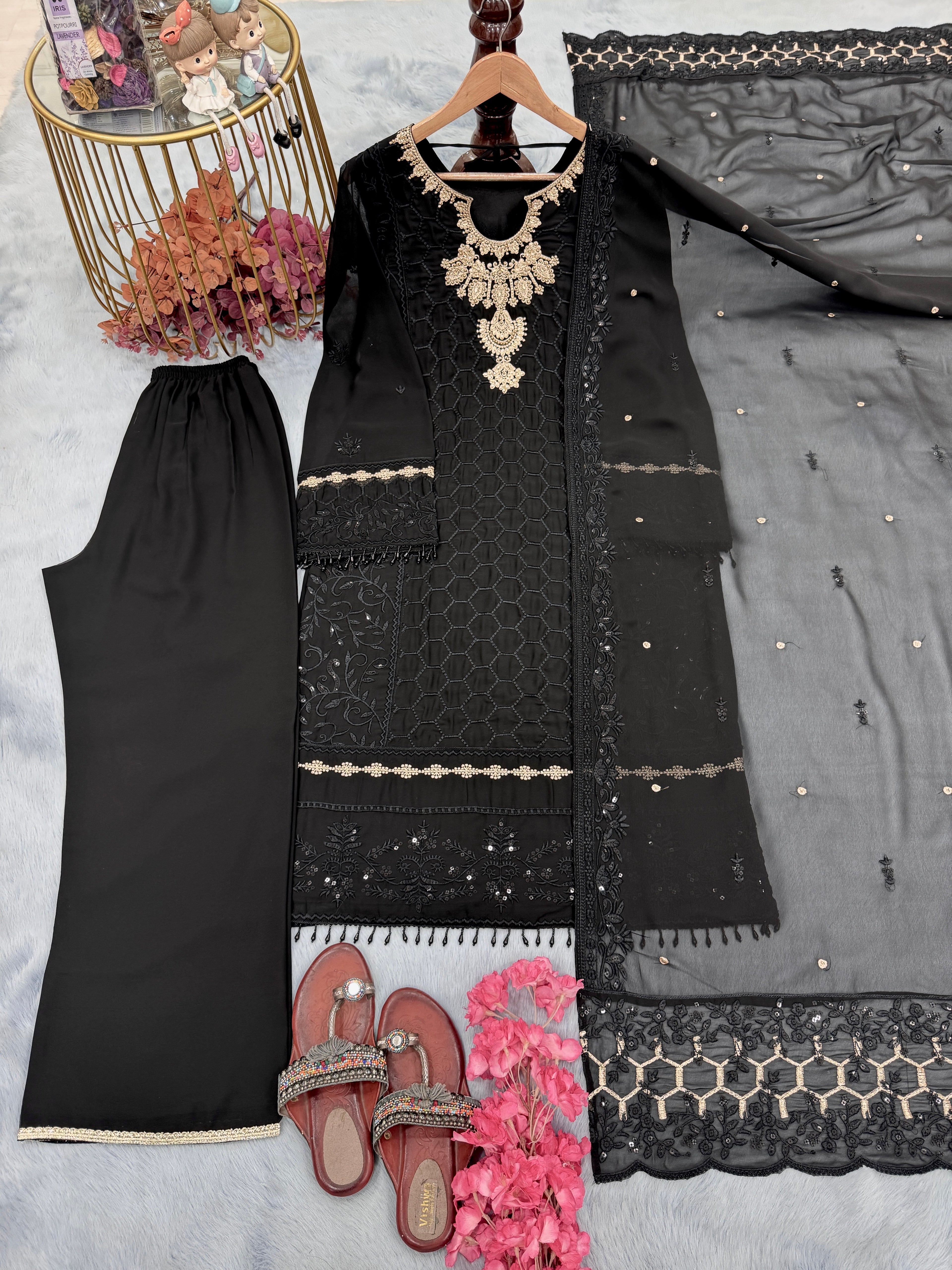 Designer Party Wear Look Pure Heavy Faux Georgette Top Plazzo &amp; Dupatta Set