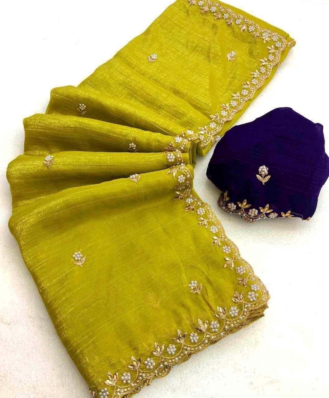 Designer Saree With Embroidery Work & Moti Pearls Hand Work