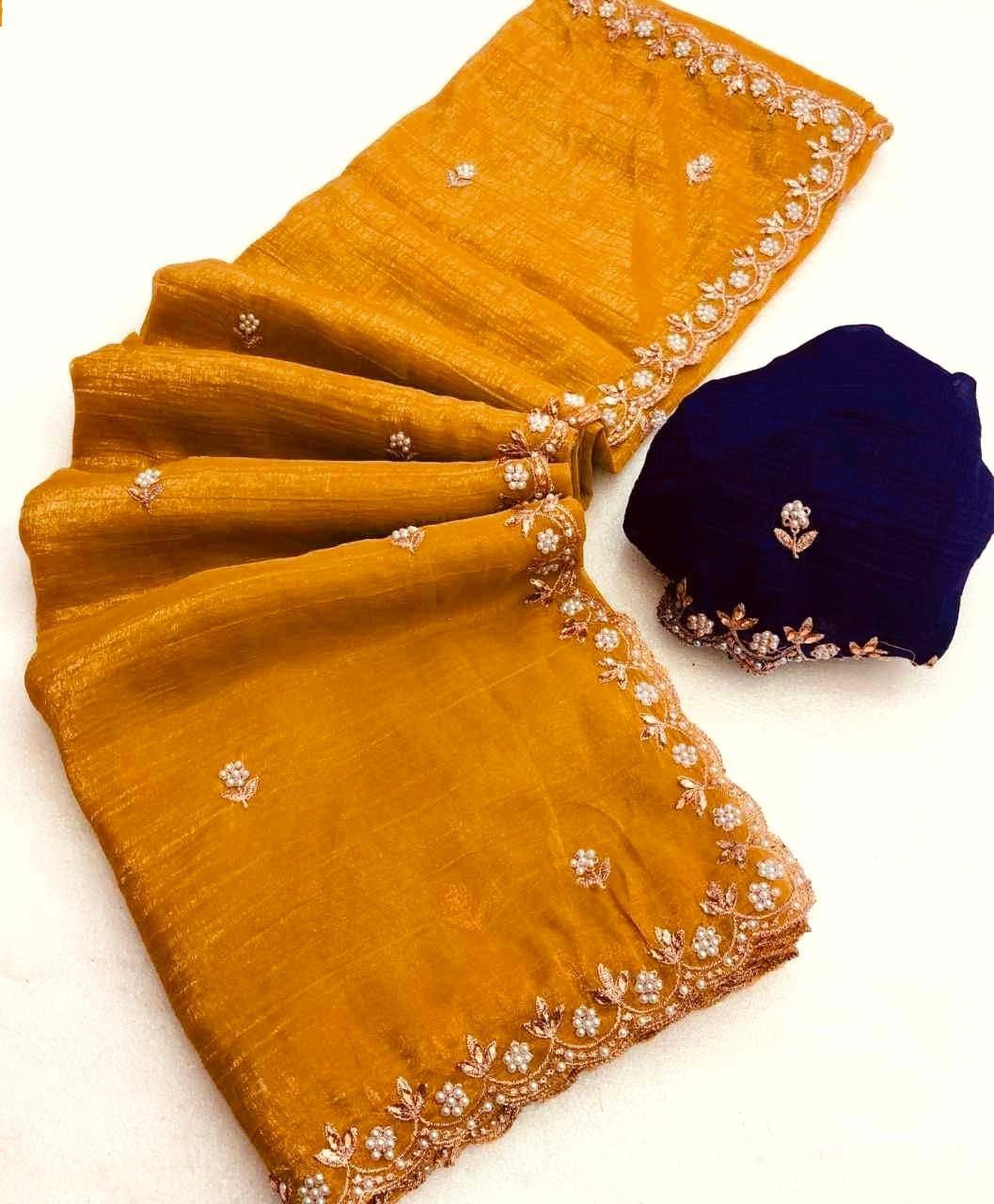 Designer Saree With Embroidery Work & Moti Pearls Hand Work