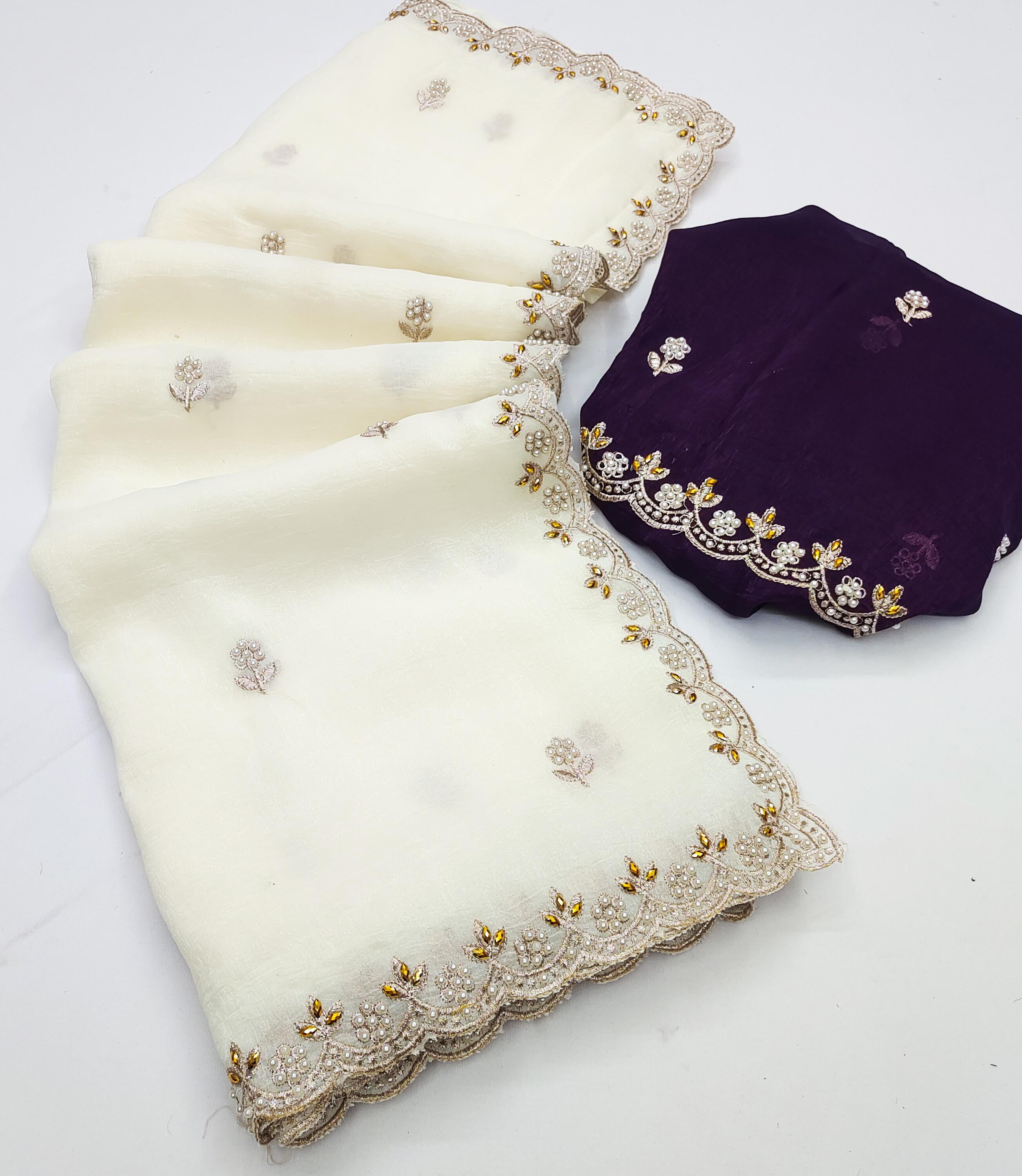 Designer Saree With Embroidery Work & Moti Pearls Hand Work