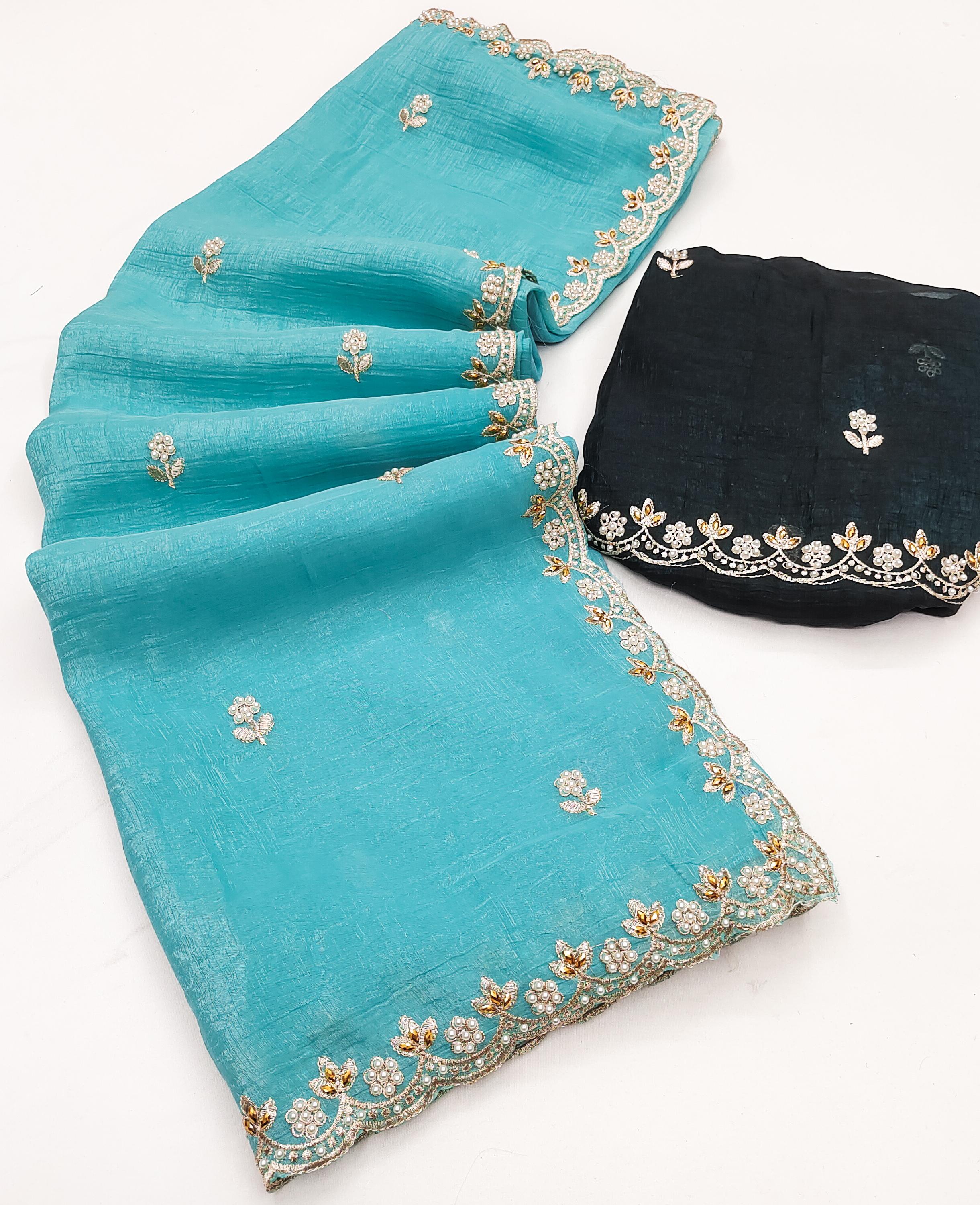 Designer Saree With Embroidery Work & Moti Pearls Hand Work