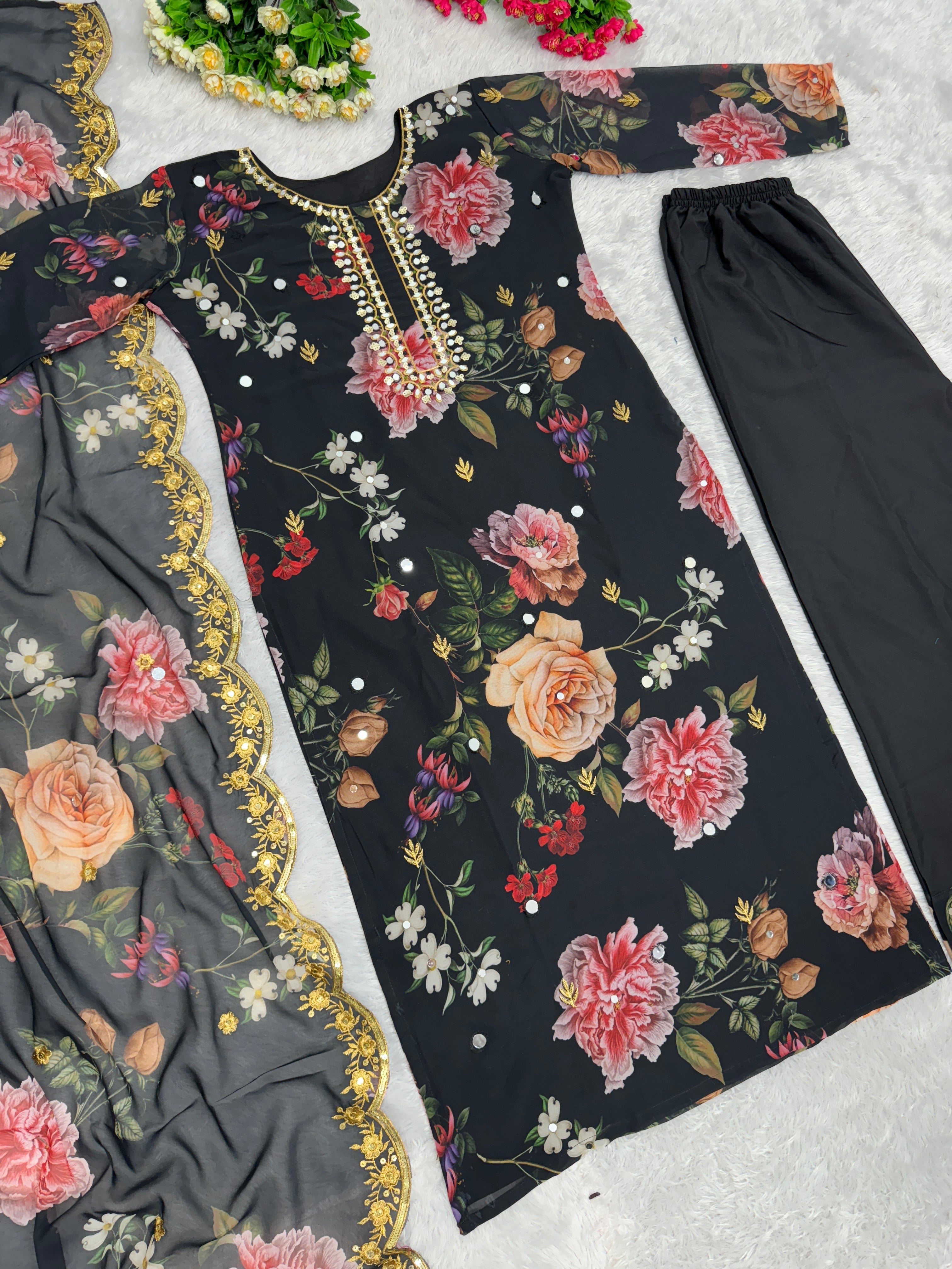 खूबसूरत पार्टी वेयर टॉप, प्लाजो और दुपट्टा