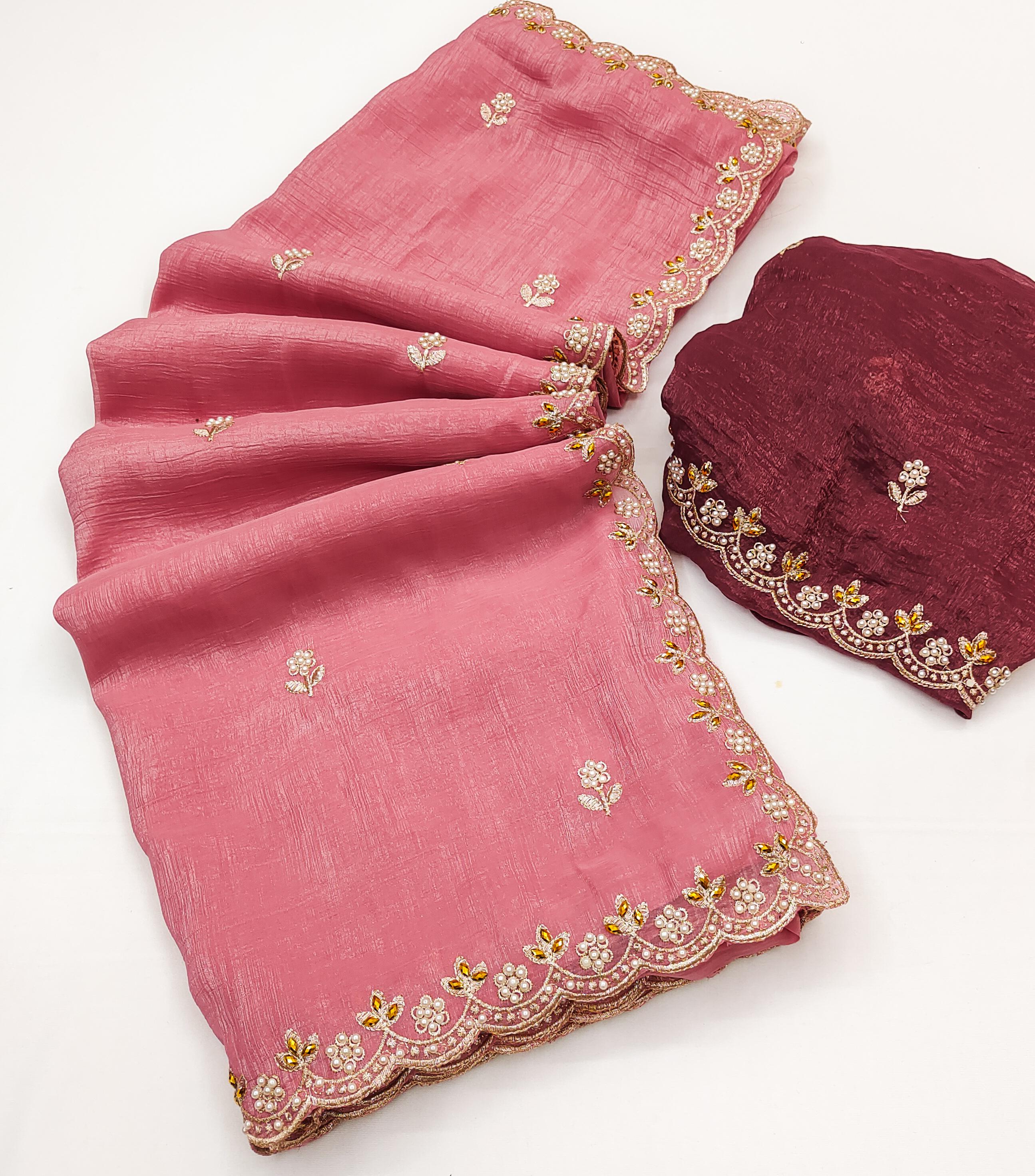 Designer Saree With Embroidery Work & Moti Pearls Hand Work