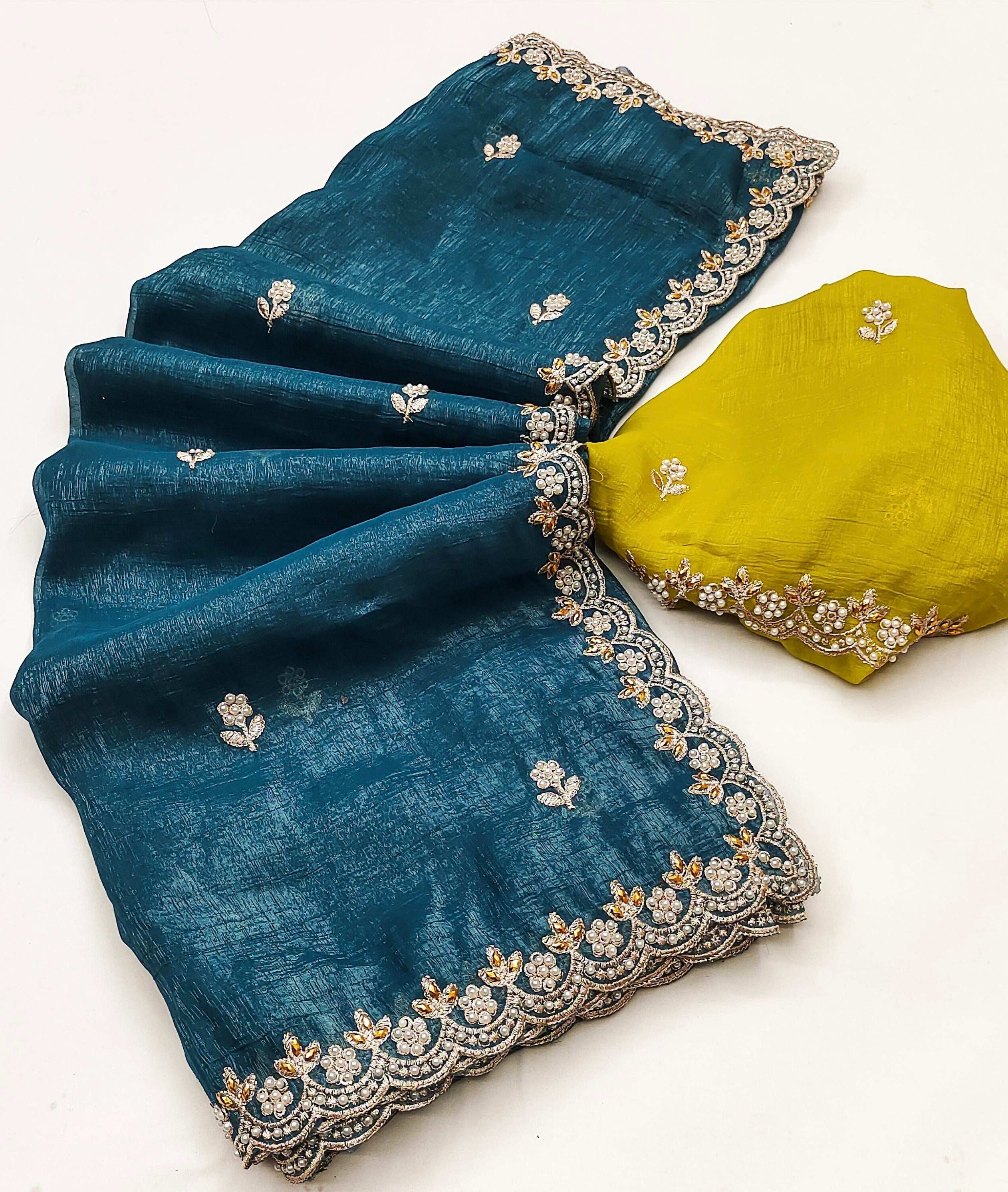 Designer Saree With Embroidery Work & Moti Pearls Hand Work