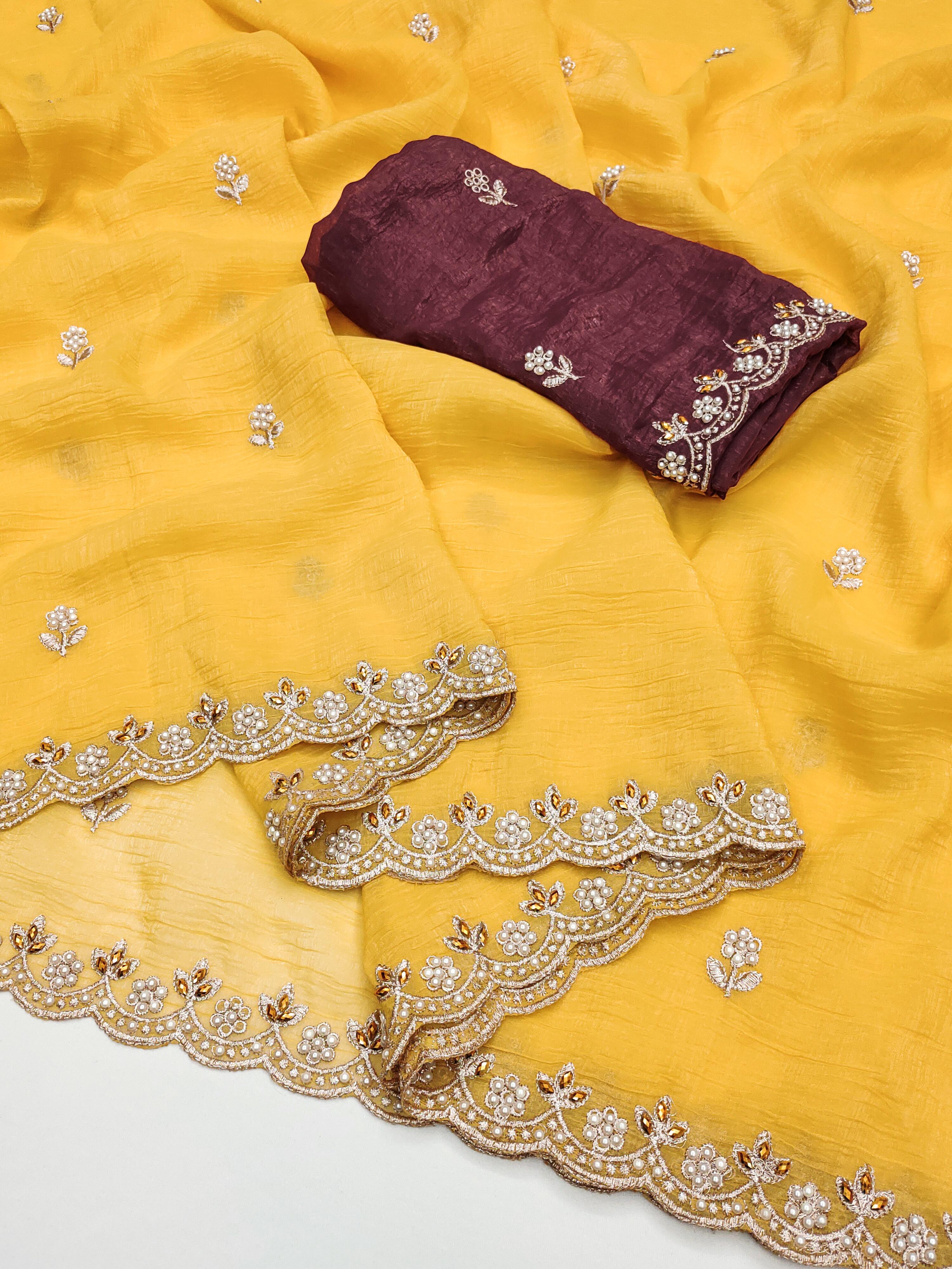 Designer Saree With Embroidery Work & Moti Pearls Hand Work