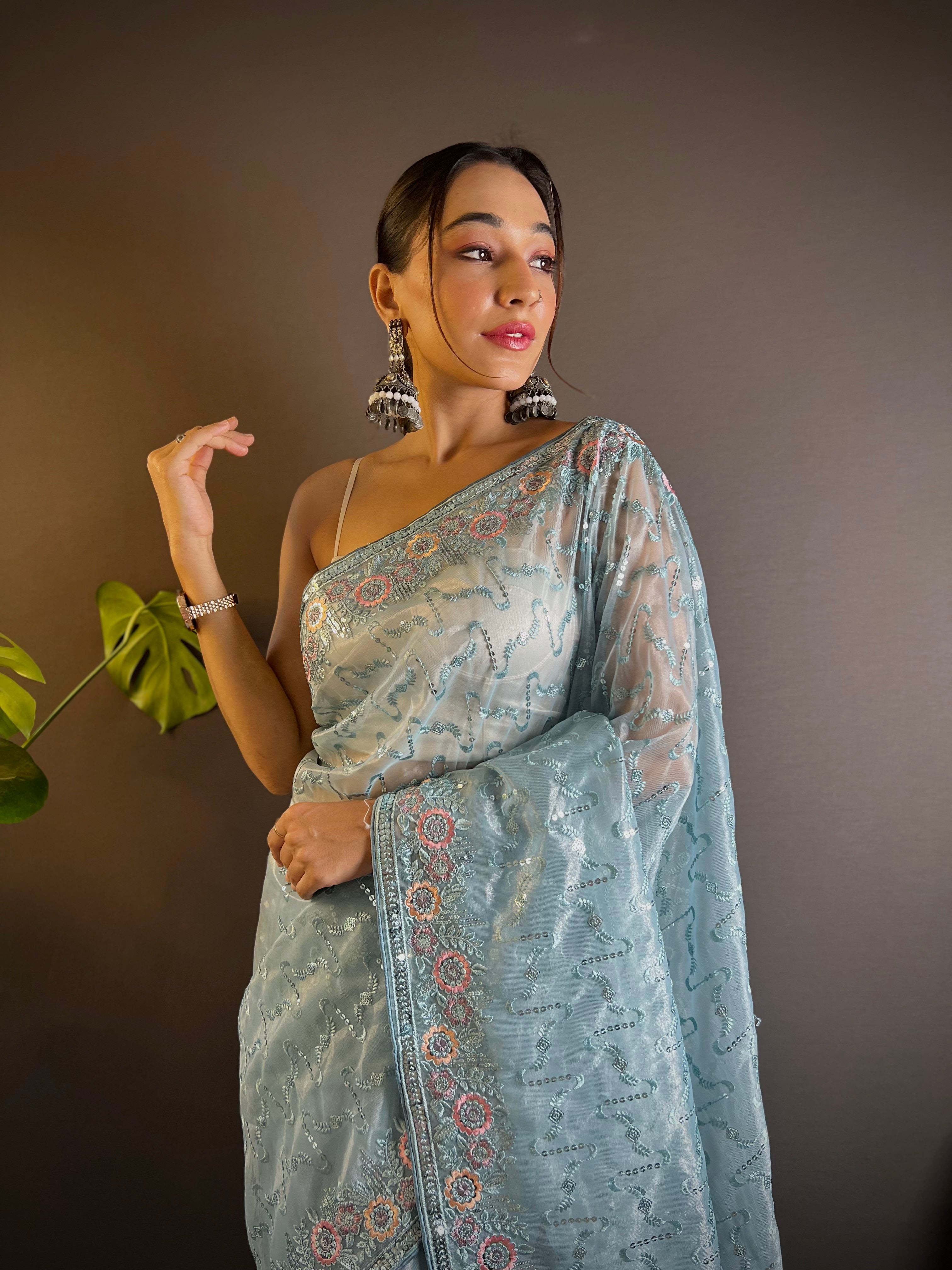 Party Wear Designer Saree With Embroidery, Sequins & Thread Work