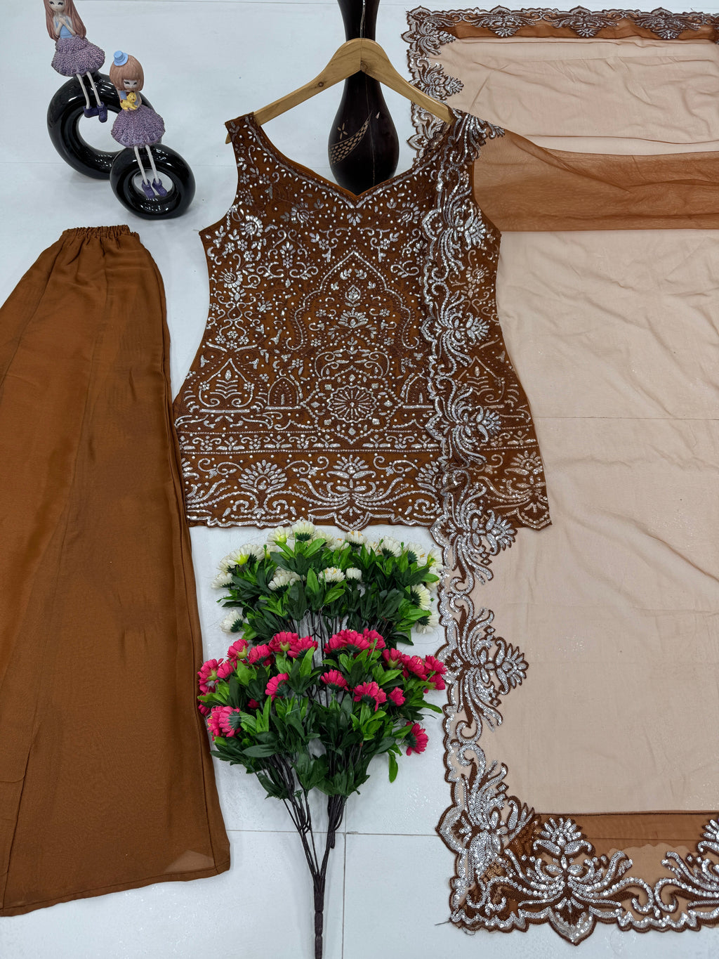 डिजाइनर पार्टी वेयर टॉप, प्लाजो और दुपट्टा