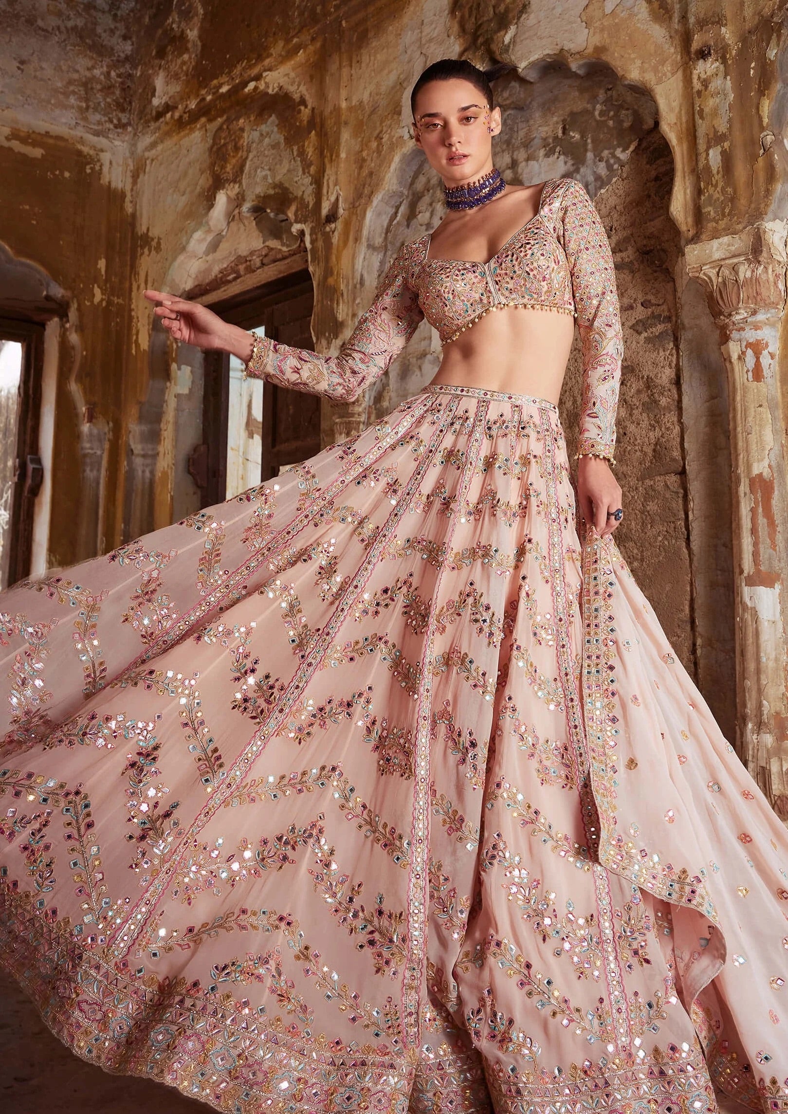 Beautiful Designer Lehenga Choli With Paper Mirror, Zari & Thread Work
