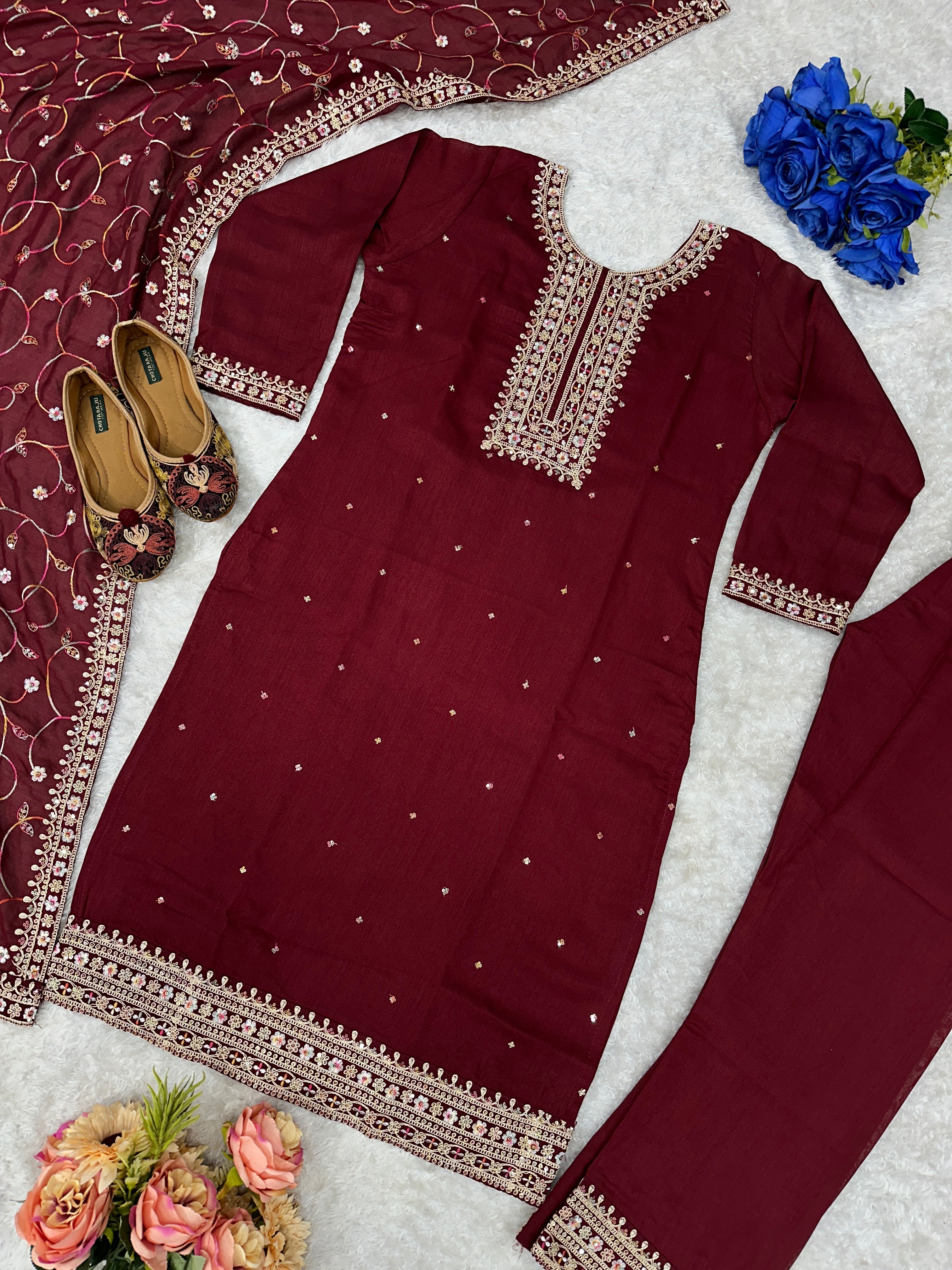 पार्टी वेयर टॉप, प्लाज़ो और दुपट्टा, कढ़ाई वर्क के साथ