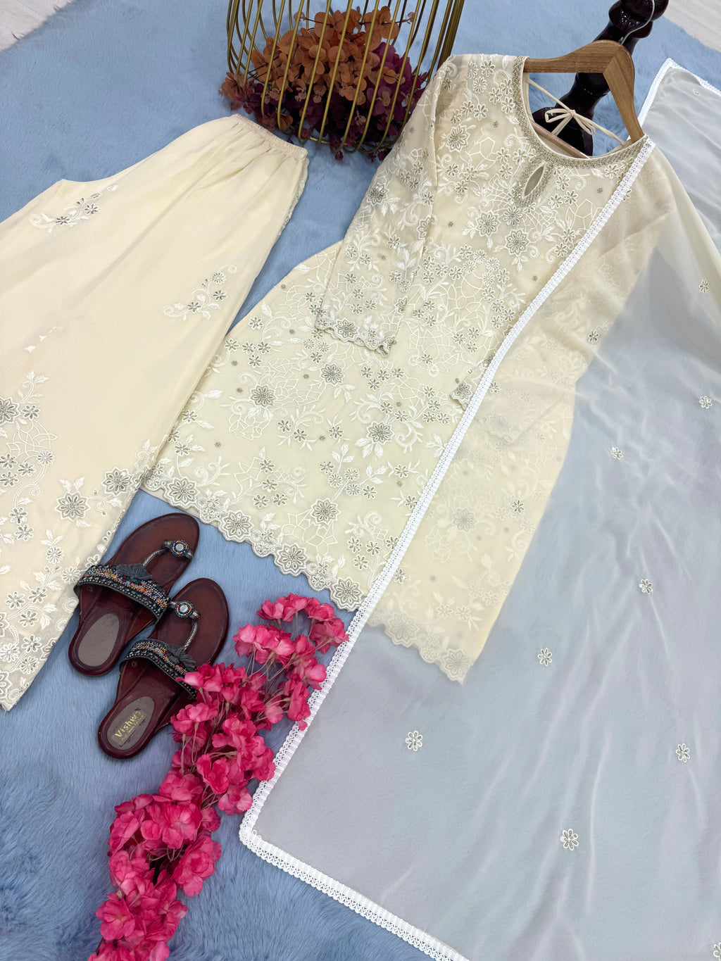 Party Wear Look Pure Heavy Faux Georgette Top Plazzo & Dupatta Set