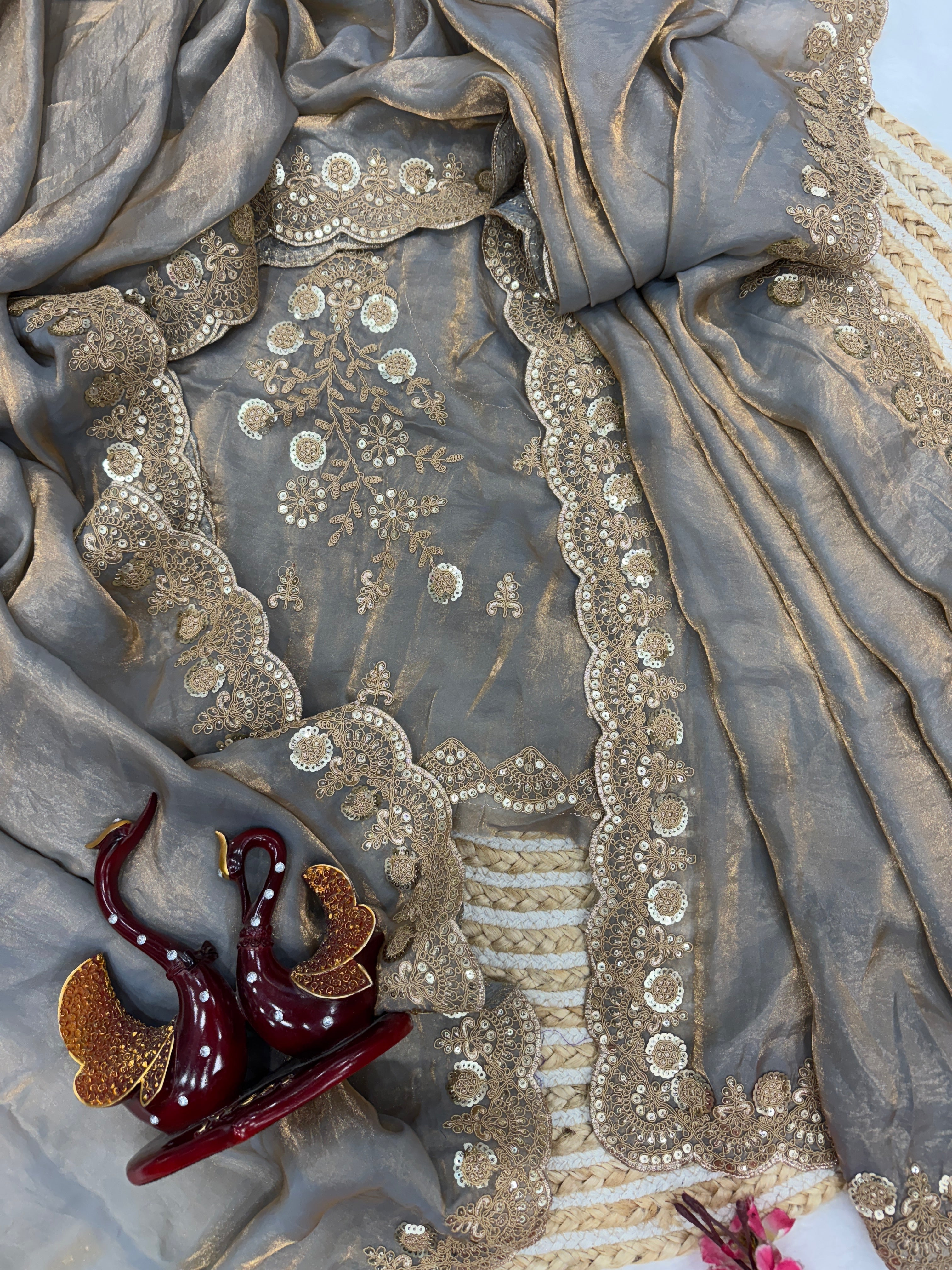 Designer Party Wear Look Saree With sequins & Cording Embroidery Work