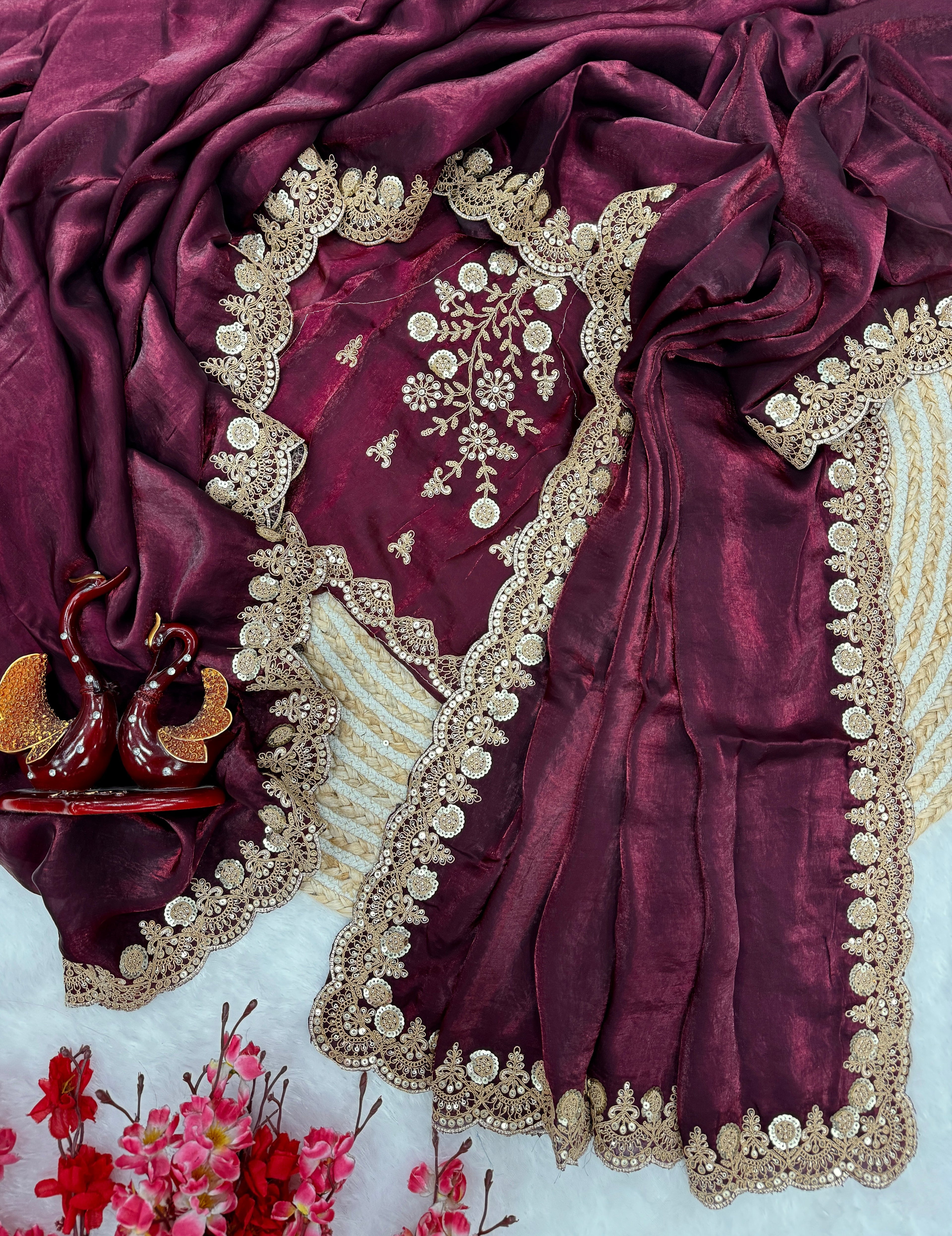 Designer Party Wear Look Saree With sequins & Cording Embroidery Work