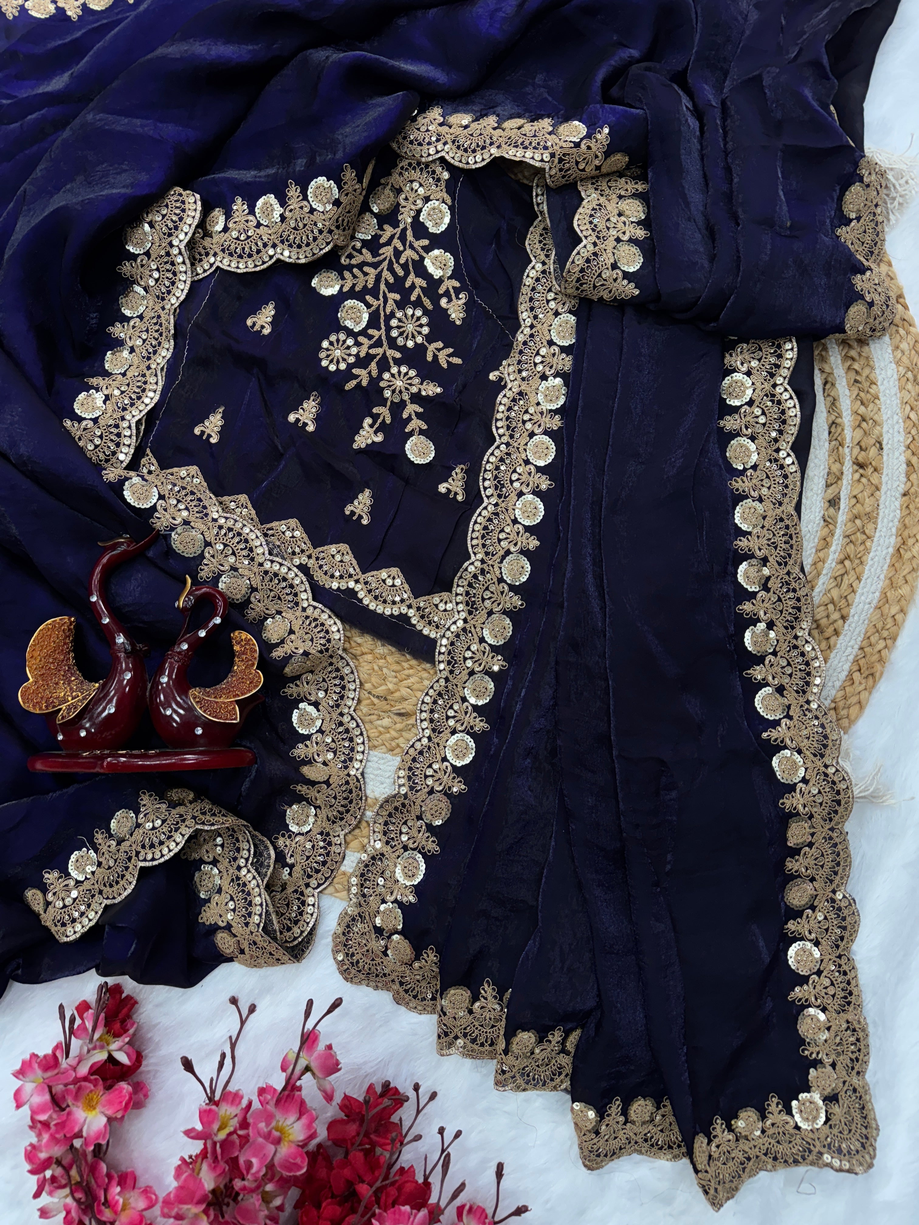 Designer Party Wear Look Saree With sequins & Cording Embroidery Work