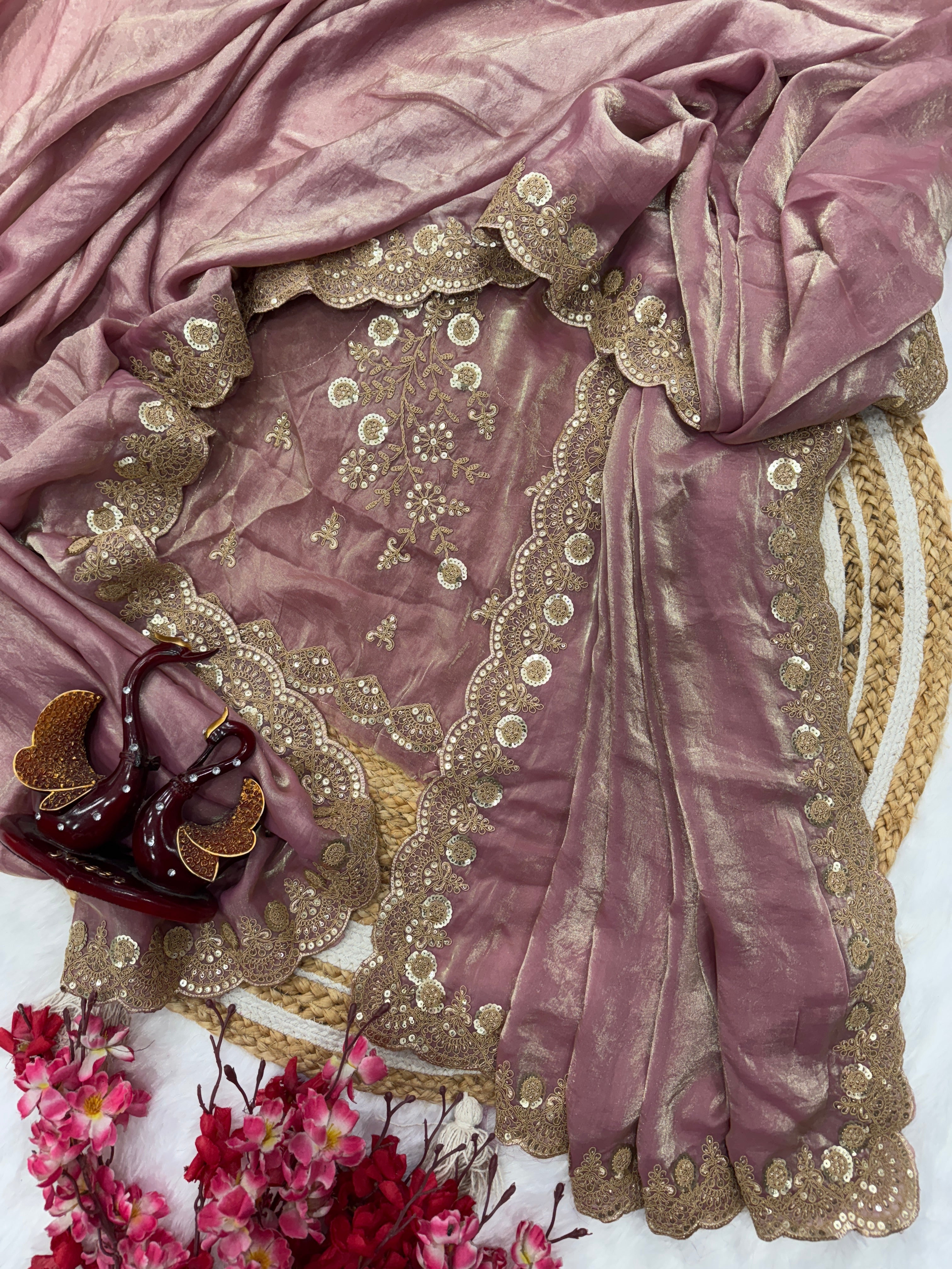 Designer Party Wear Look Saree With sequins & Cording Embroidery Work