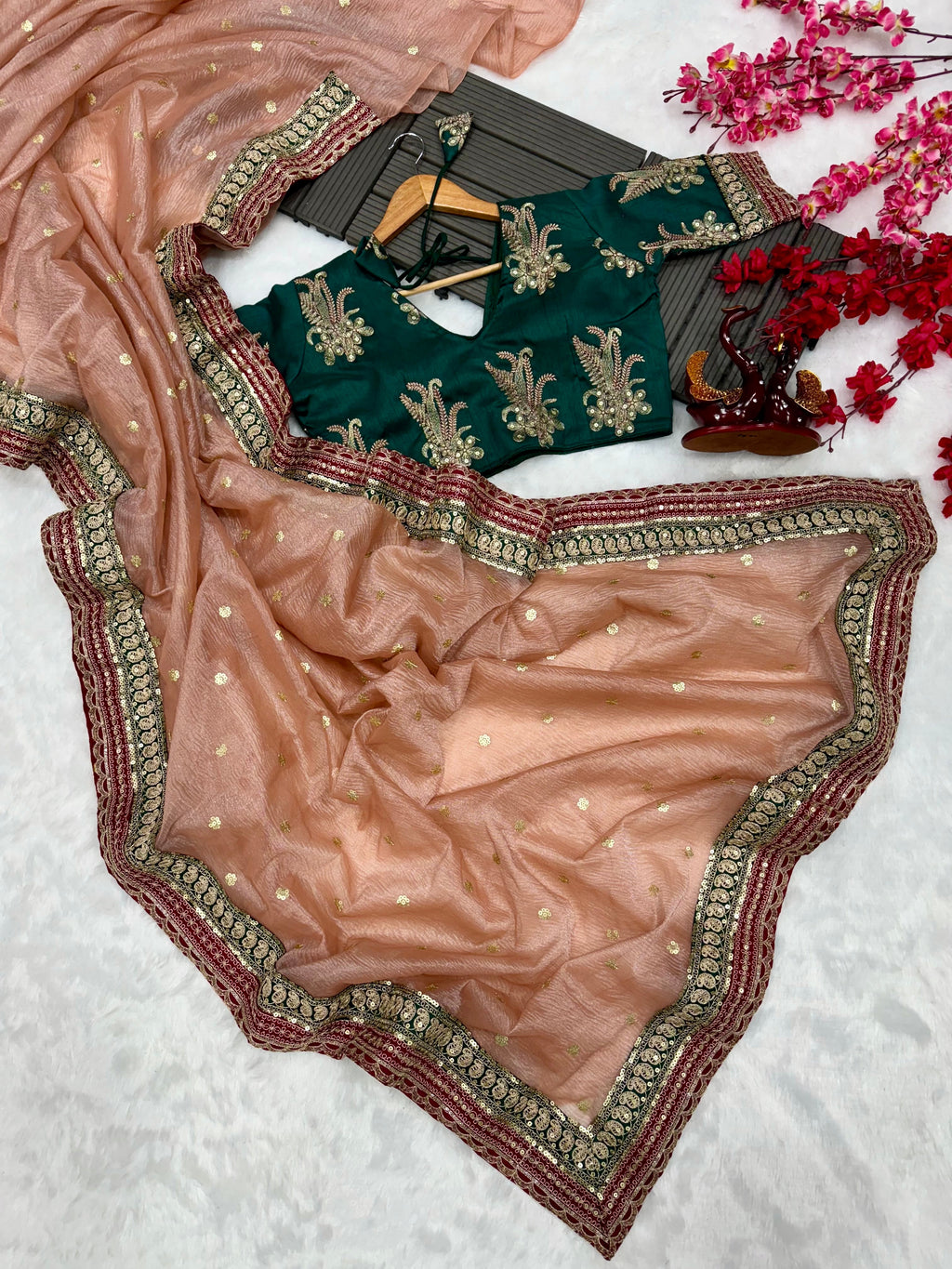 Designer Saree With Sequins And Cording Embroidery Work Lace Border