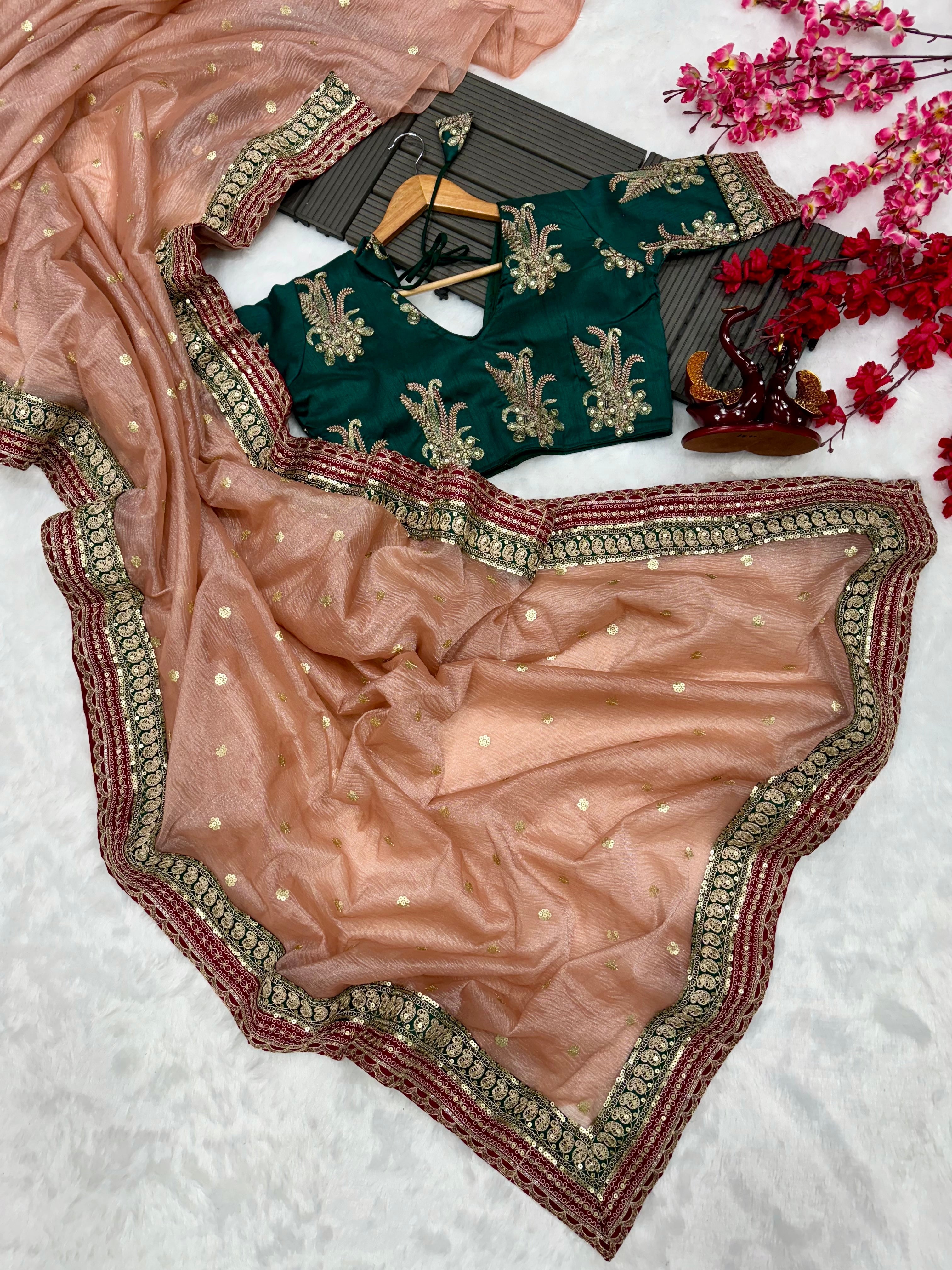 Designer Saree With Sequins And Cording Embroidery Work Lace Border