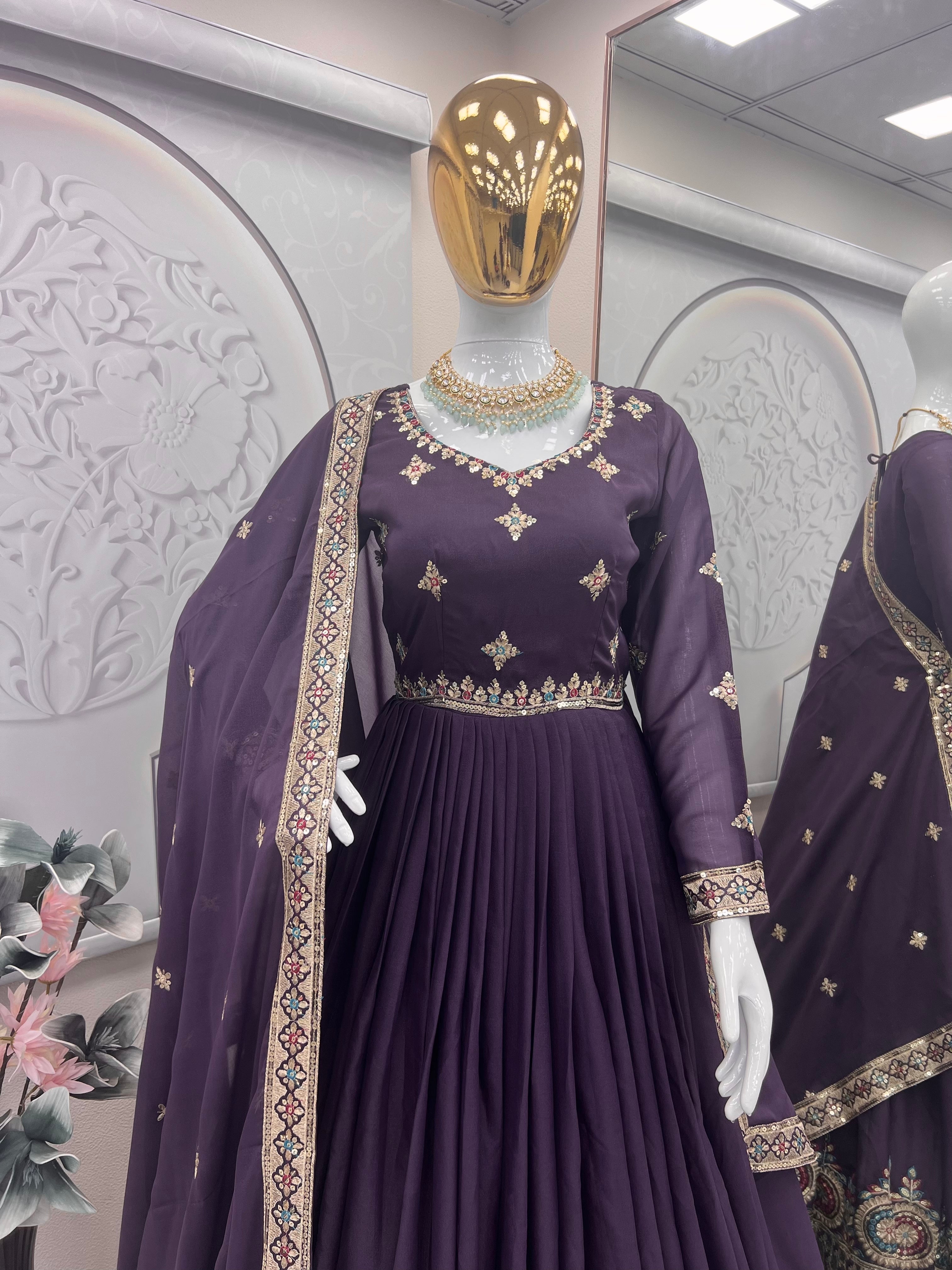 Designer Gown And Dupatta With Embroidery Threads & Sequins Work