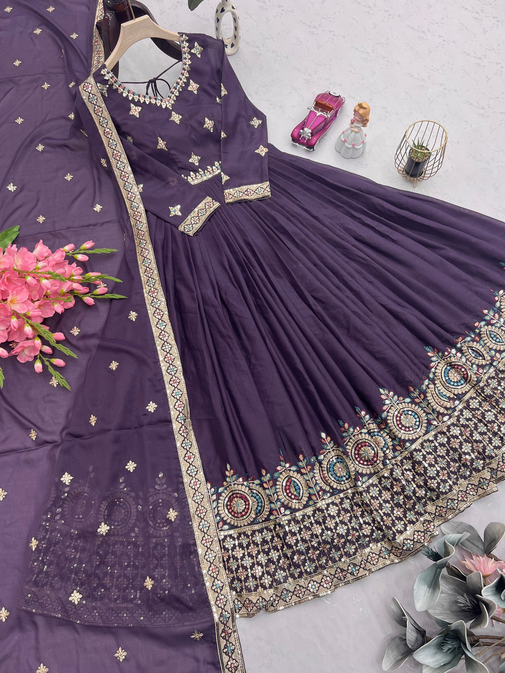 Designer Gown And Dupatta With Embroidery Threads & Sequins Work