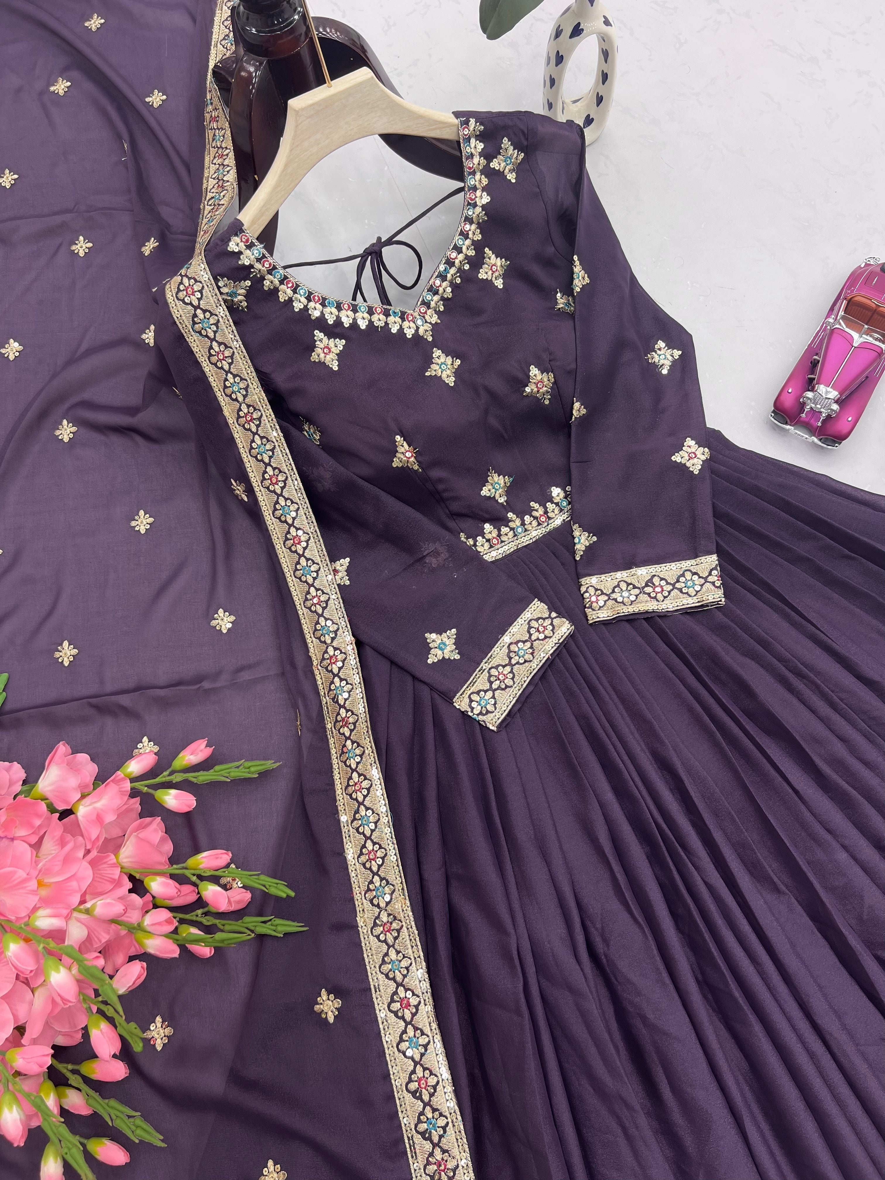 Designer Gown And Dupatta With Embroidery Threads & Sequins Work