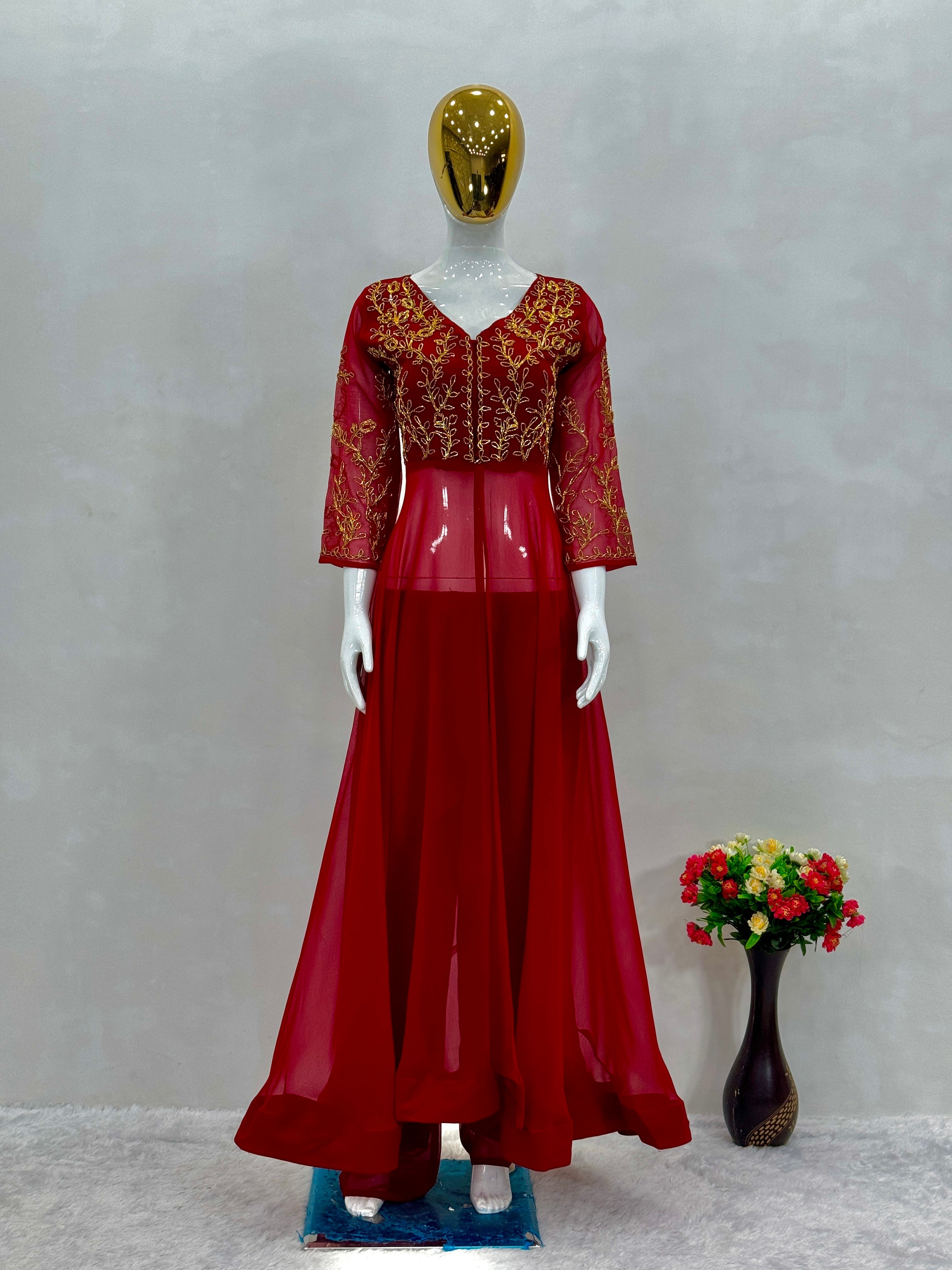 हैंडवर्क और कैनवास पट्टा के साथ डिज़ाइनर टॉप पैंट