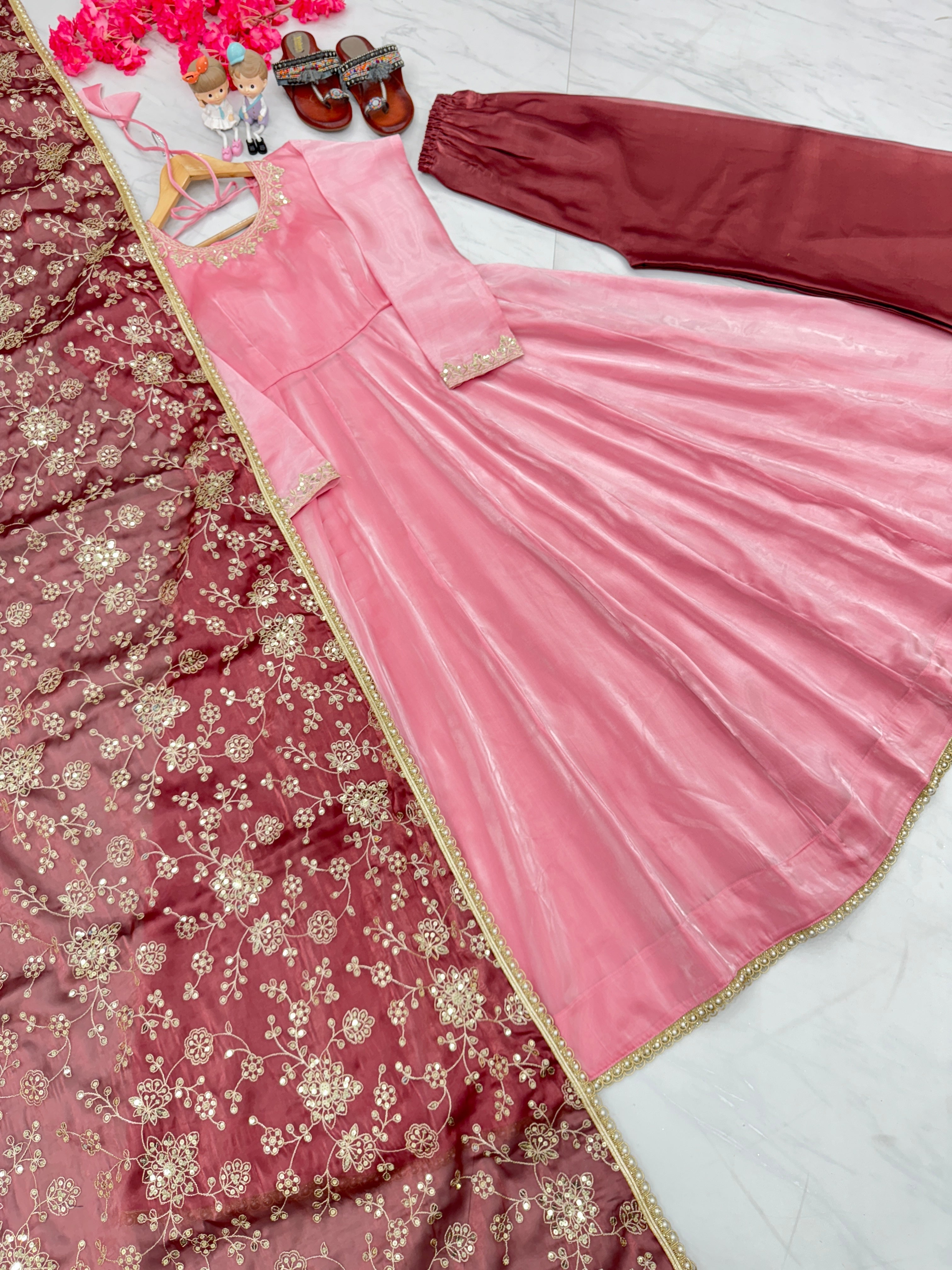 Party Wear Anarkali Gown, Dupatta & Plazzo Set