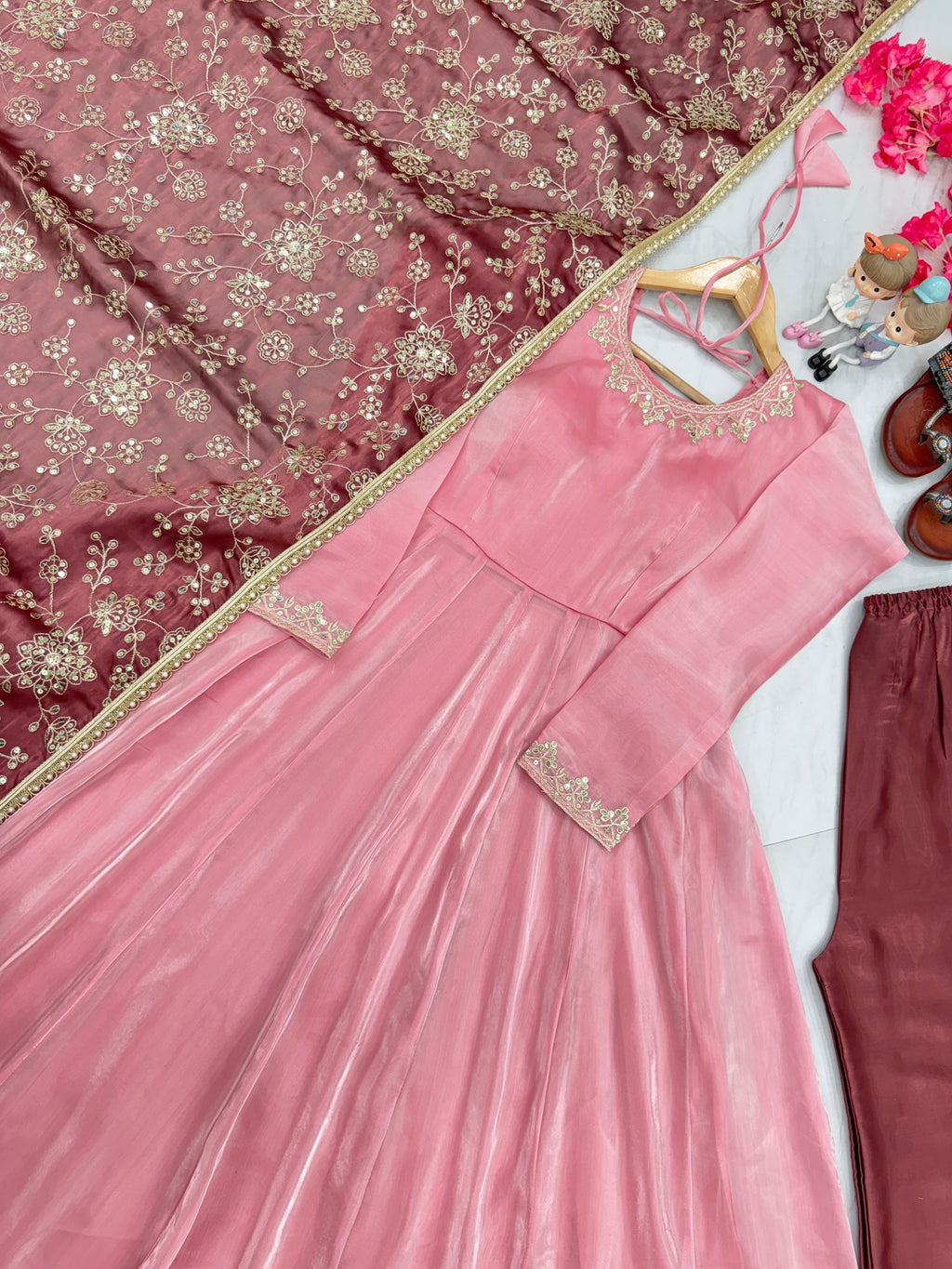 Party Wear Anarkali Gown, Dupatta & Plazzo Set