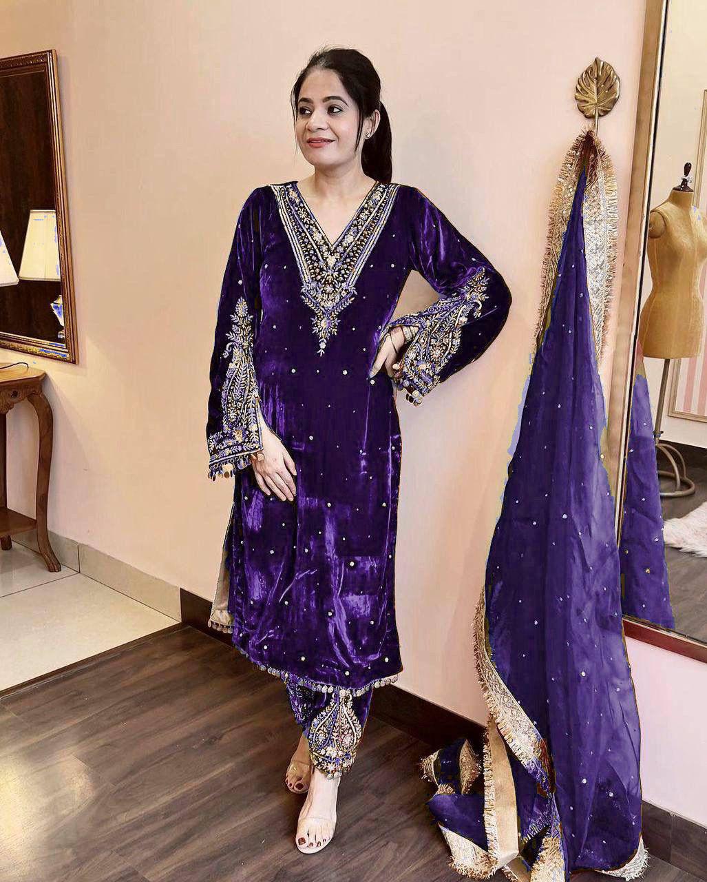 Designer Party Wear Look Heavy Pure Viscose Velvet Top Plazzo &amp; Dupatta Set
