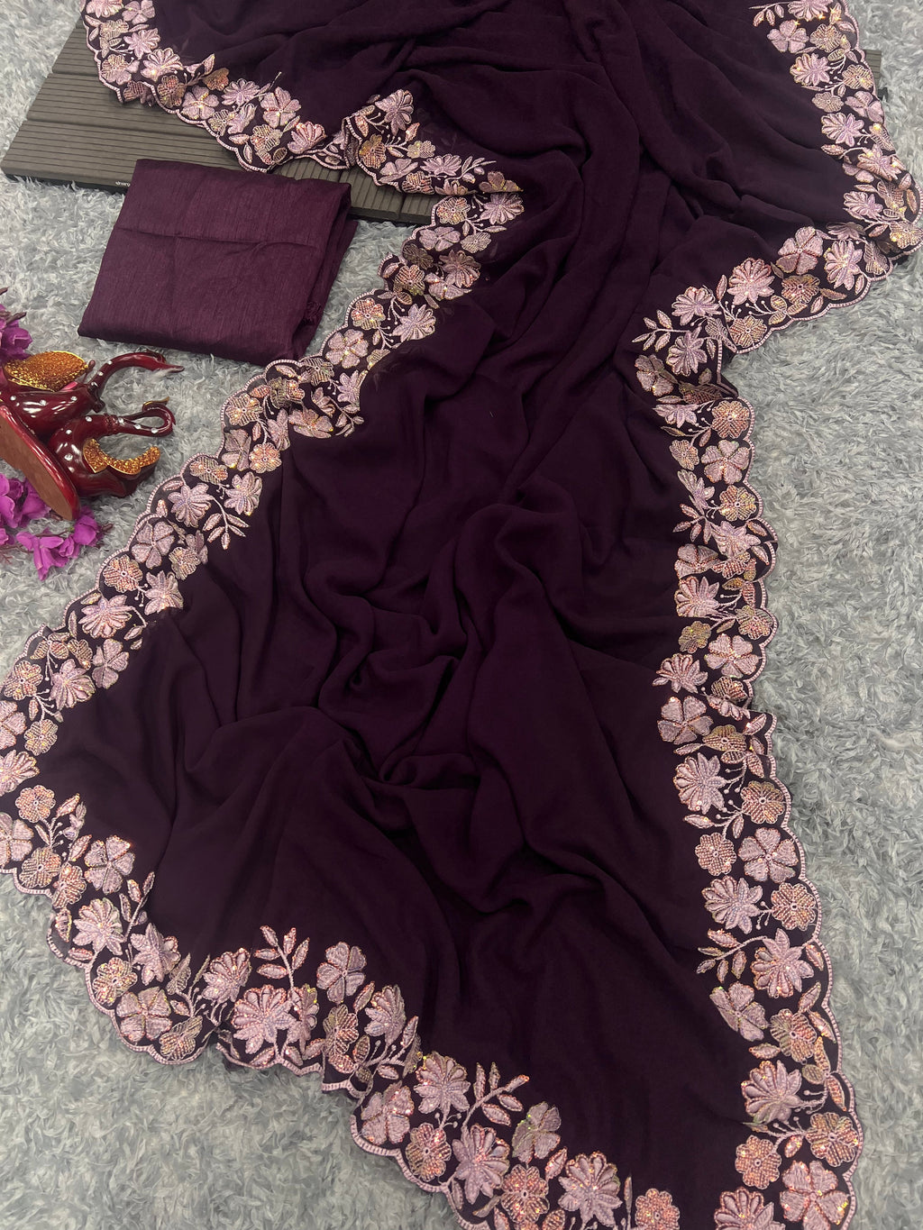 Designer Saree With Sequins And Threads Embroidery work