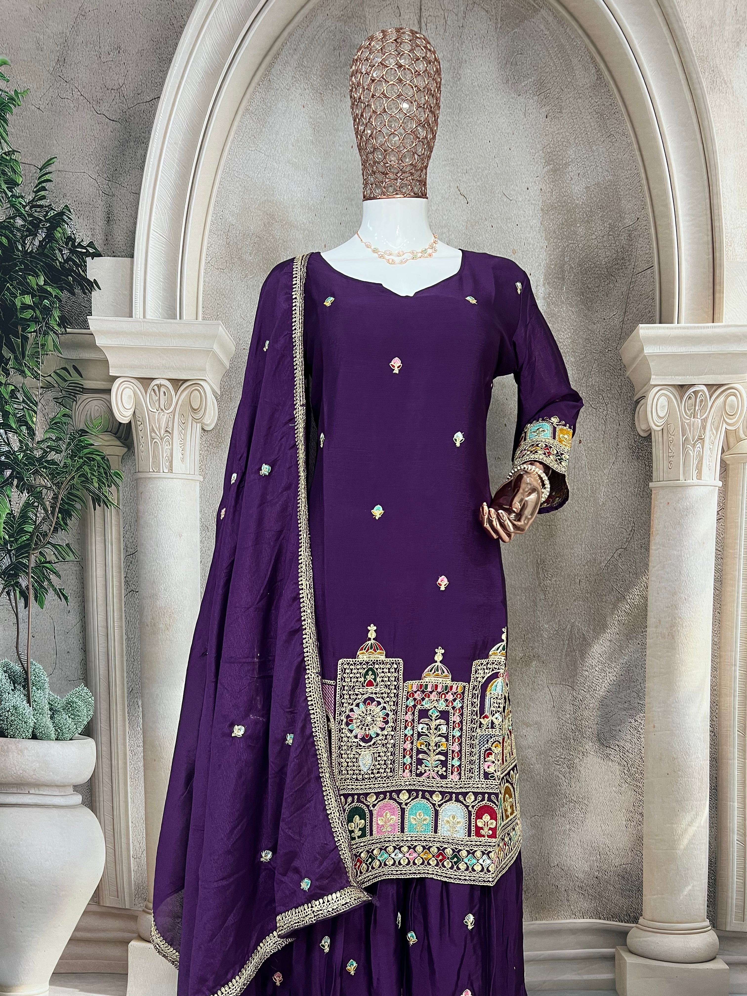 मल्टी नीडल सीक्विन कढ़ाई वर्क वाला पार्टी वेयर सूट सेट