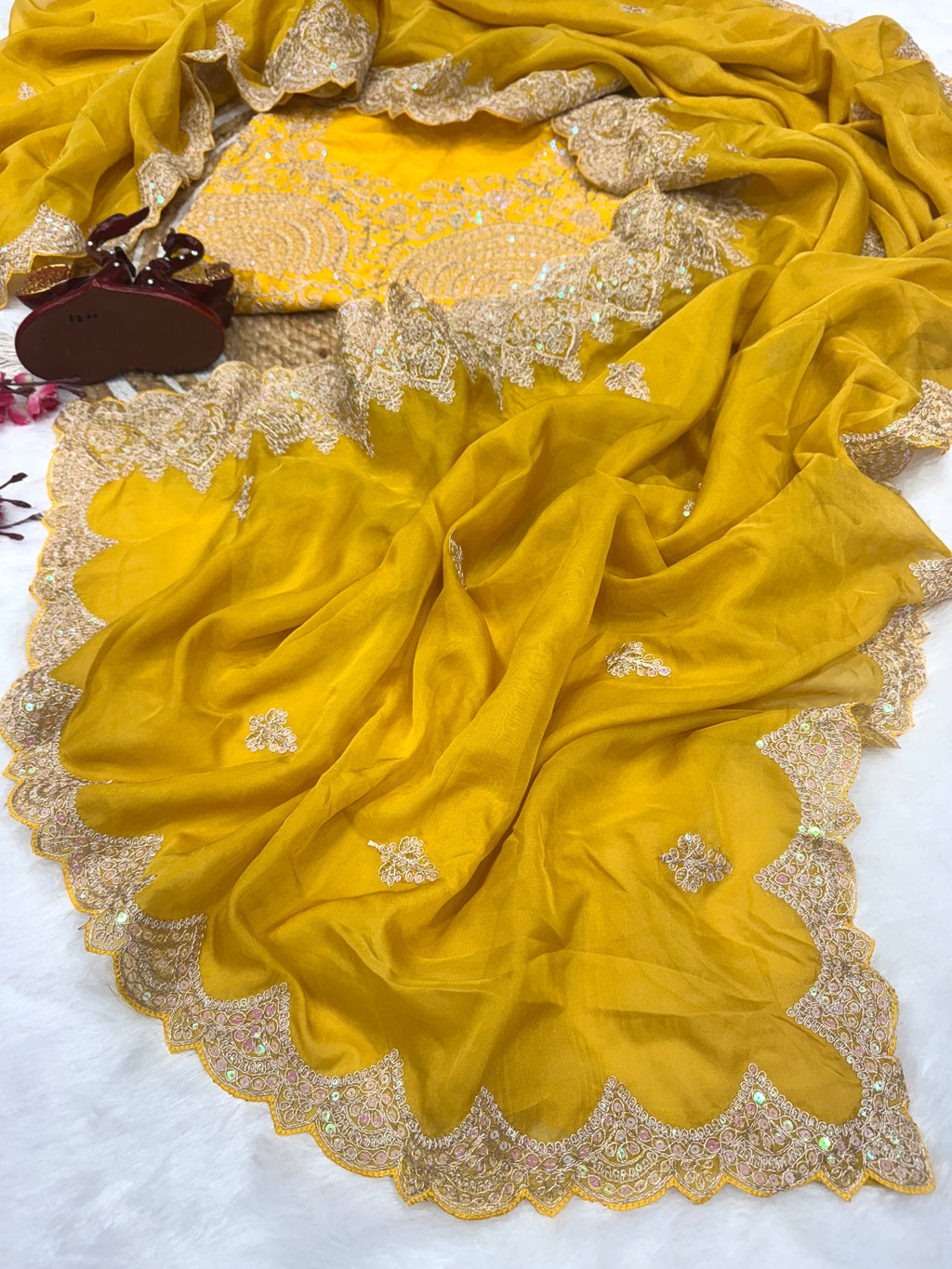 Party Wear Saree With Sequence And Cording Embroidery Work