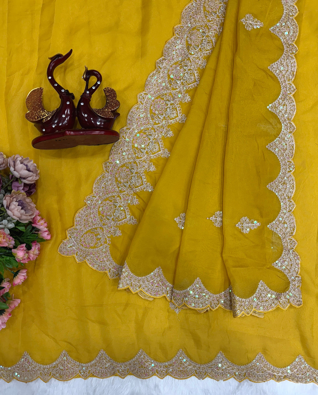 Party Wear Saree With Sequence And Cording Embroidery Work