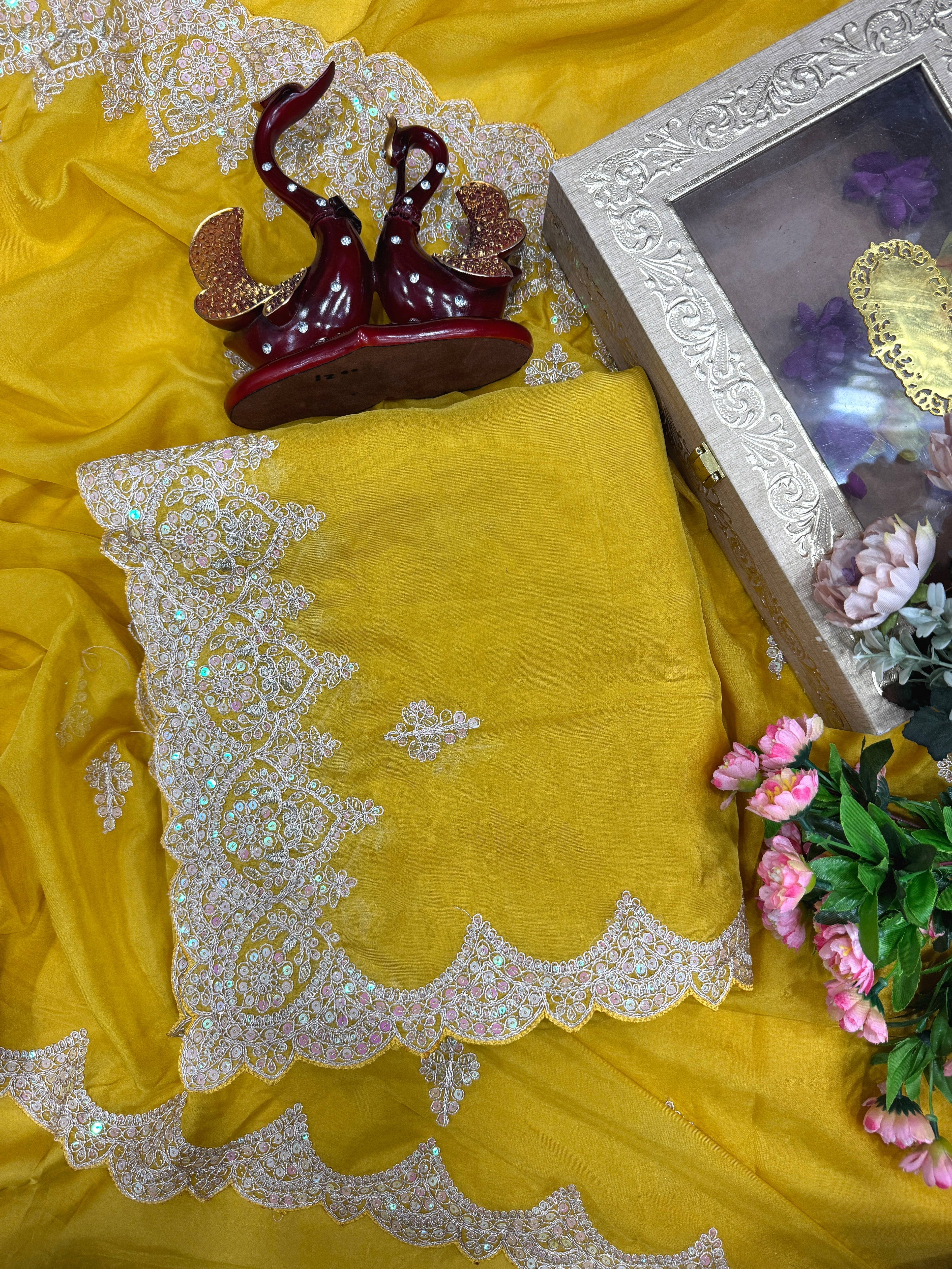 Party Wear Saree With Sequence And Cording Embroidery Work